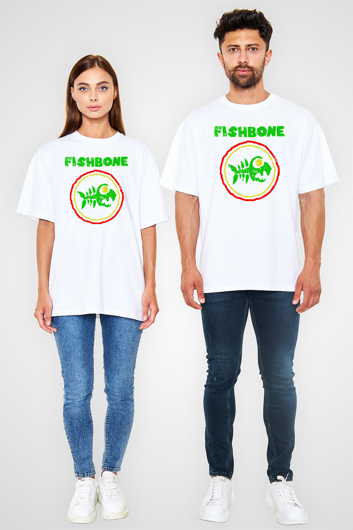 Fishbone Beyaz Unisex Oversize Tişört T-Shirt