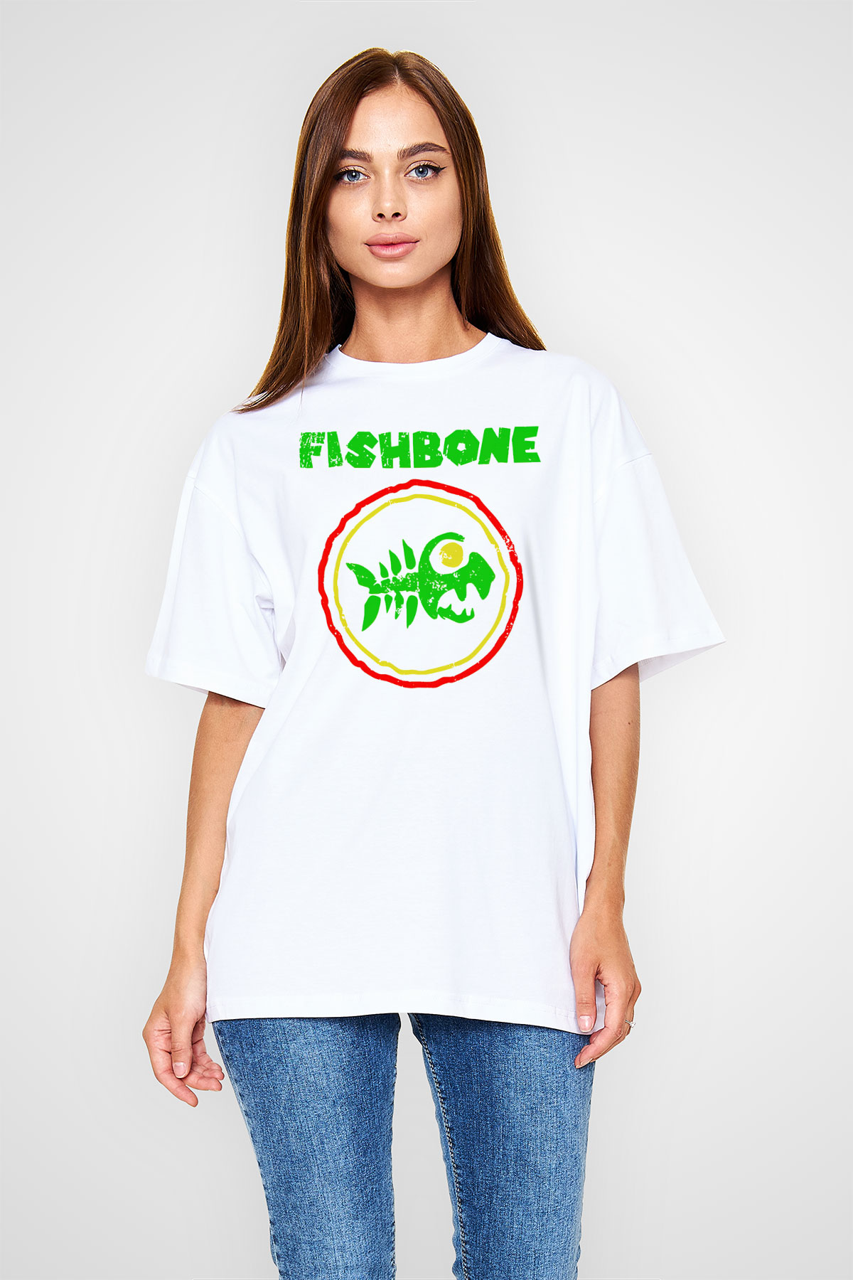 Fishbone Beyaz Unisex Oversize Tişört T-Shirt