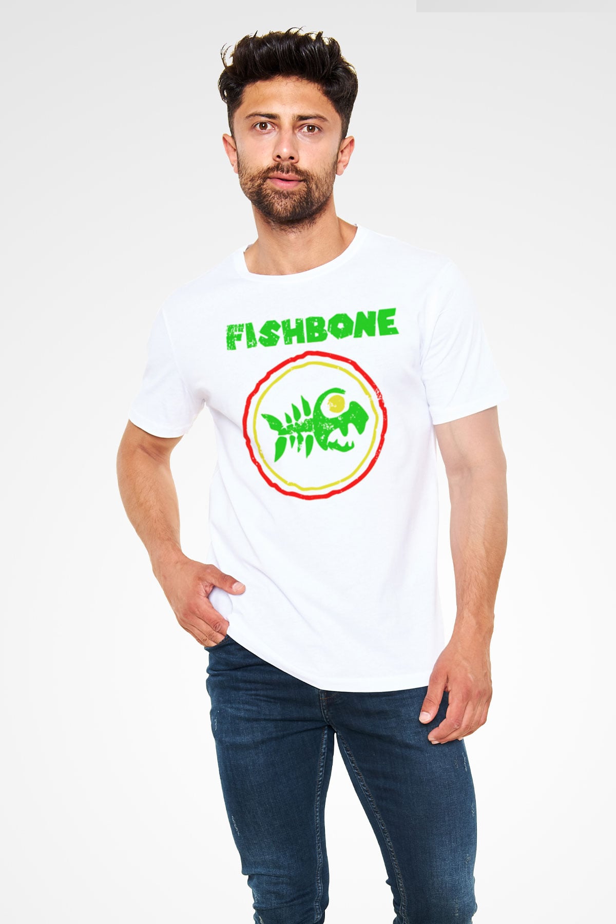 Fishbone Beyaz Unisex Tişört T-Shirt - TişörtFabrikası