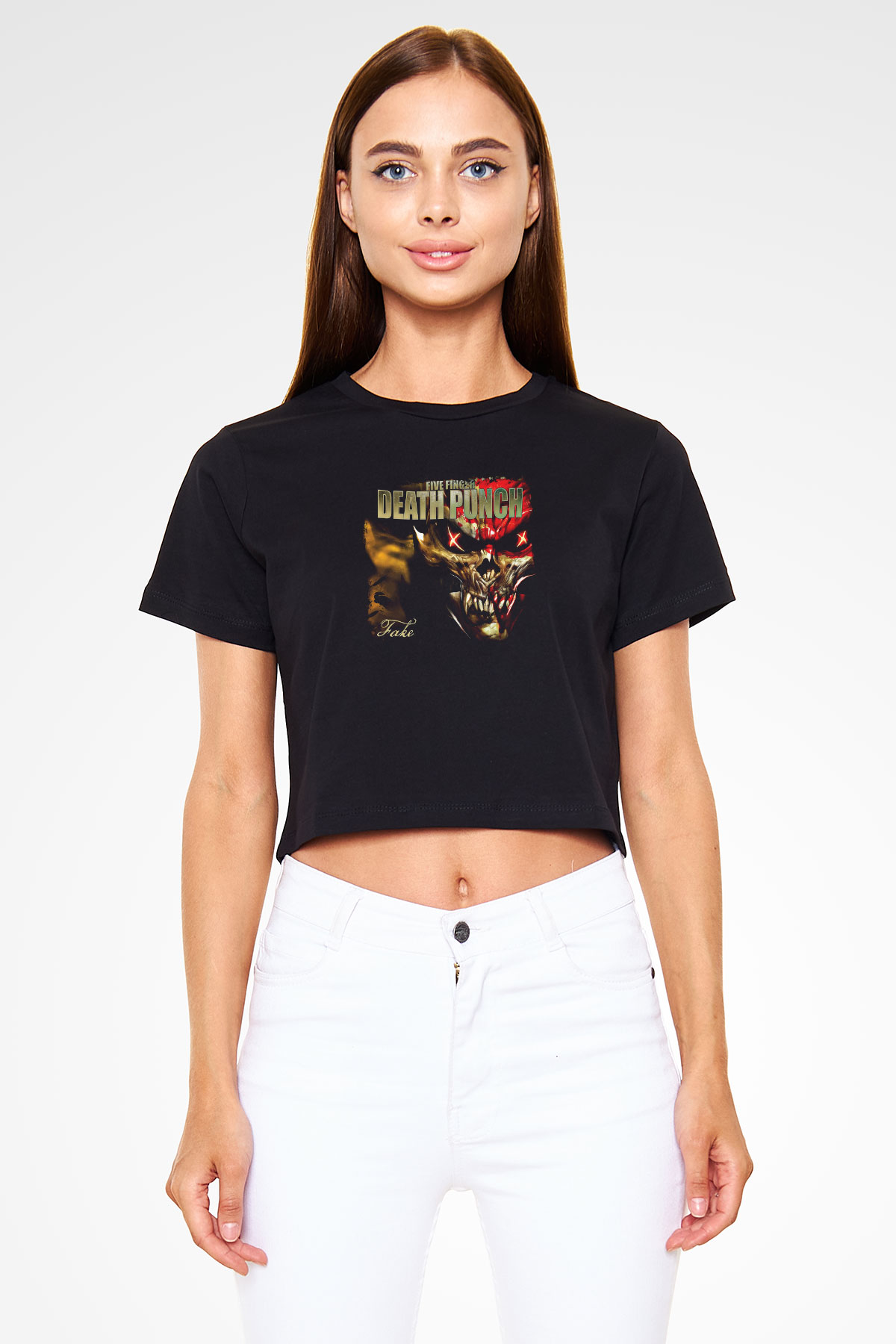 Five Finger Death Punch Baskılı Unisex Siyah Crop Top Tişört