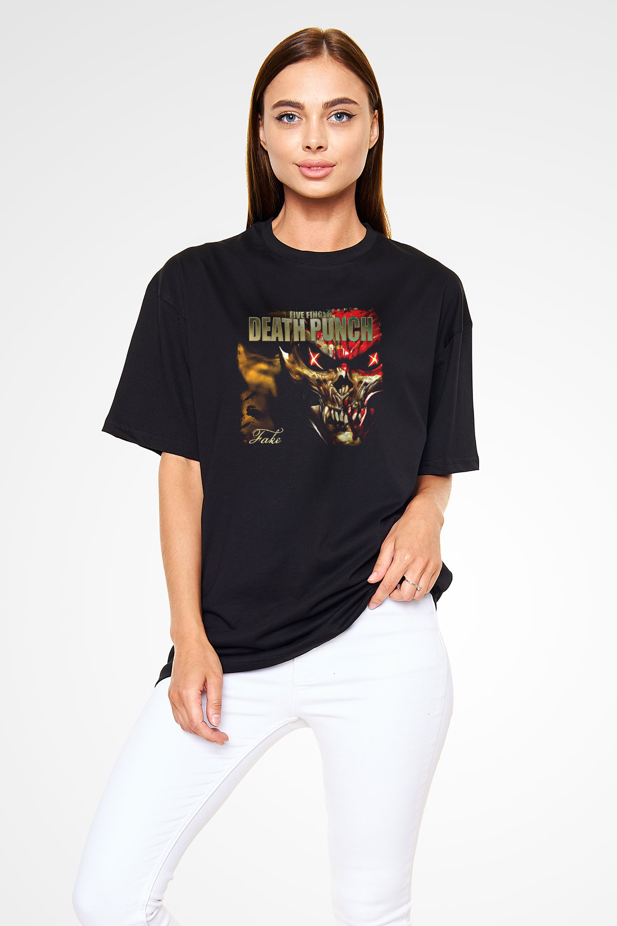Five Finger Death Punch Baskılı Unisex Siyah Oversize Tişört