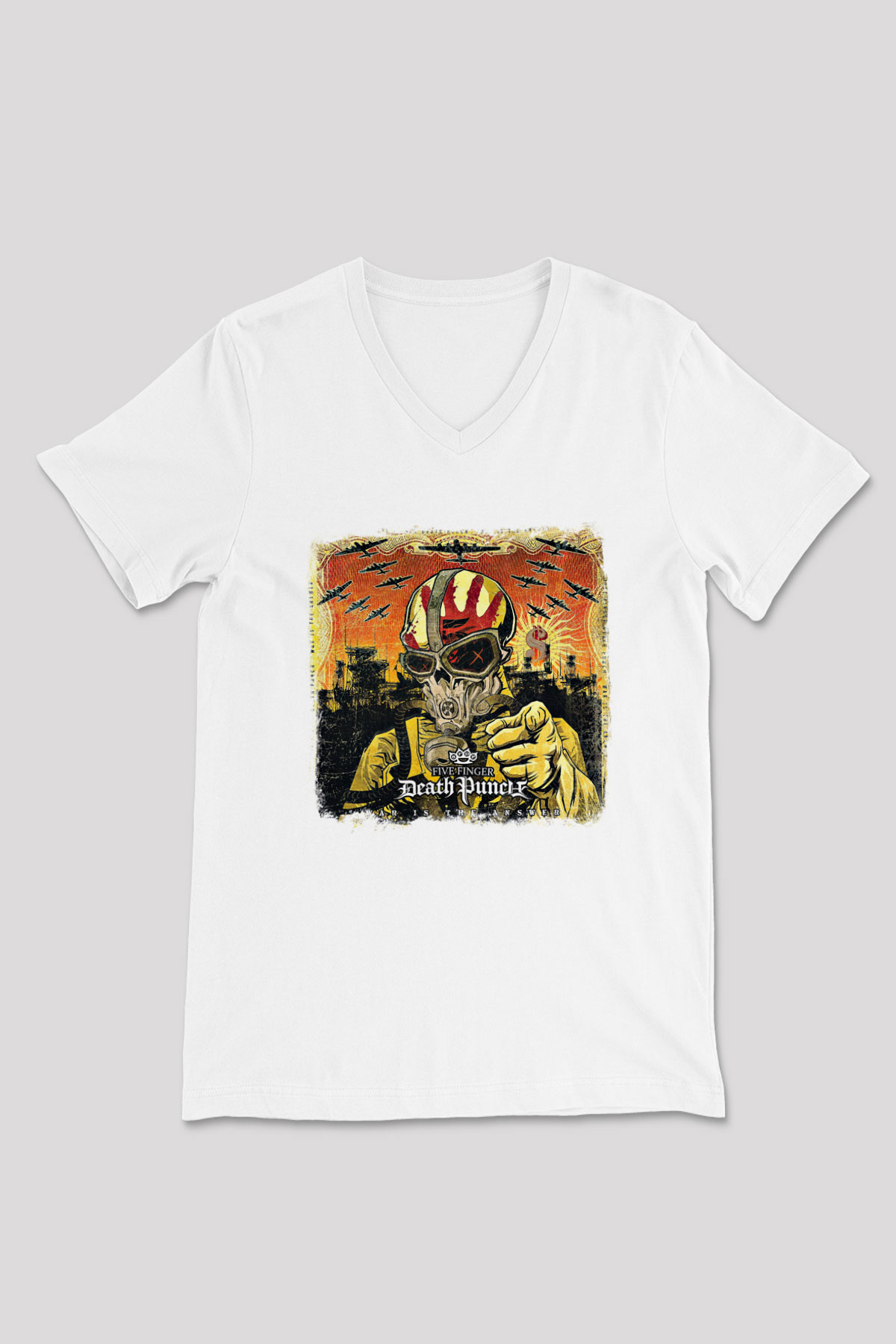 Five Finger Death Punch Baskılı Unisex Beyaz V Yaka Tişört