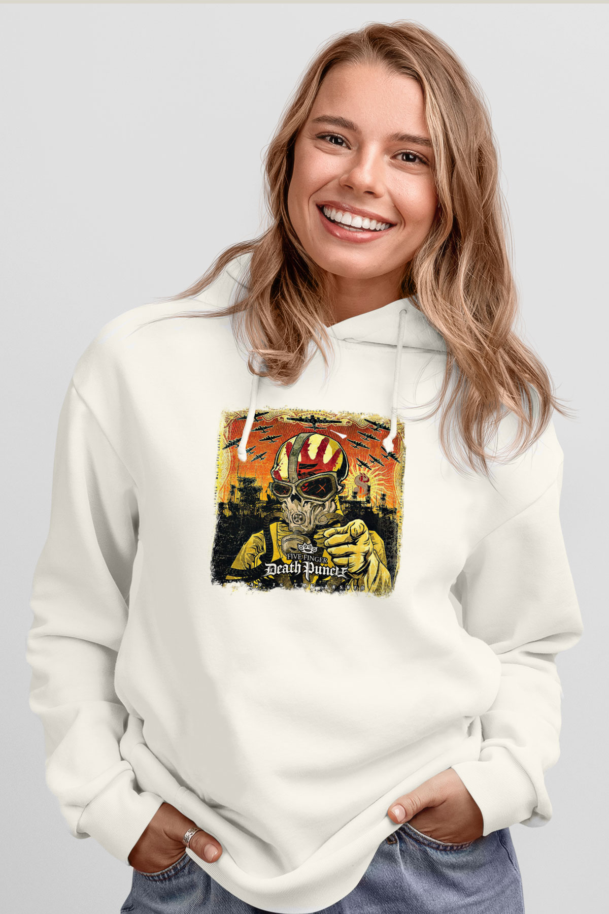 Five Finger Death Punch Baskılı Unisex Beyaz Hoodie
