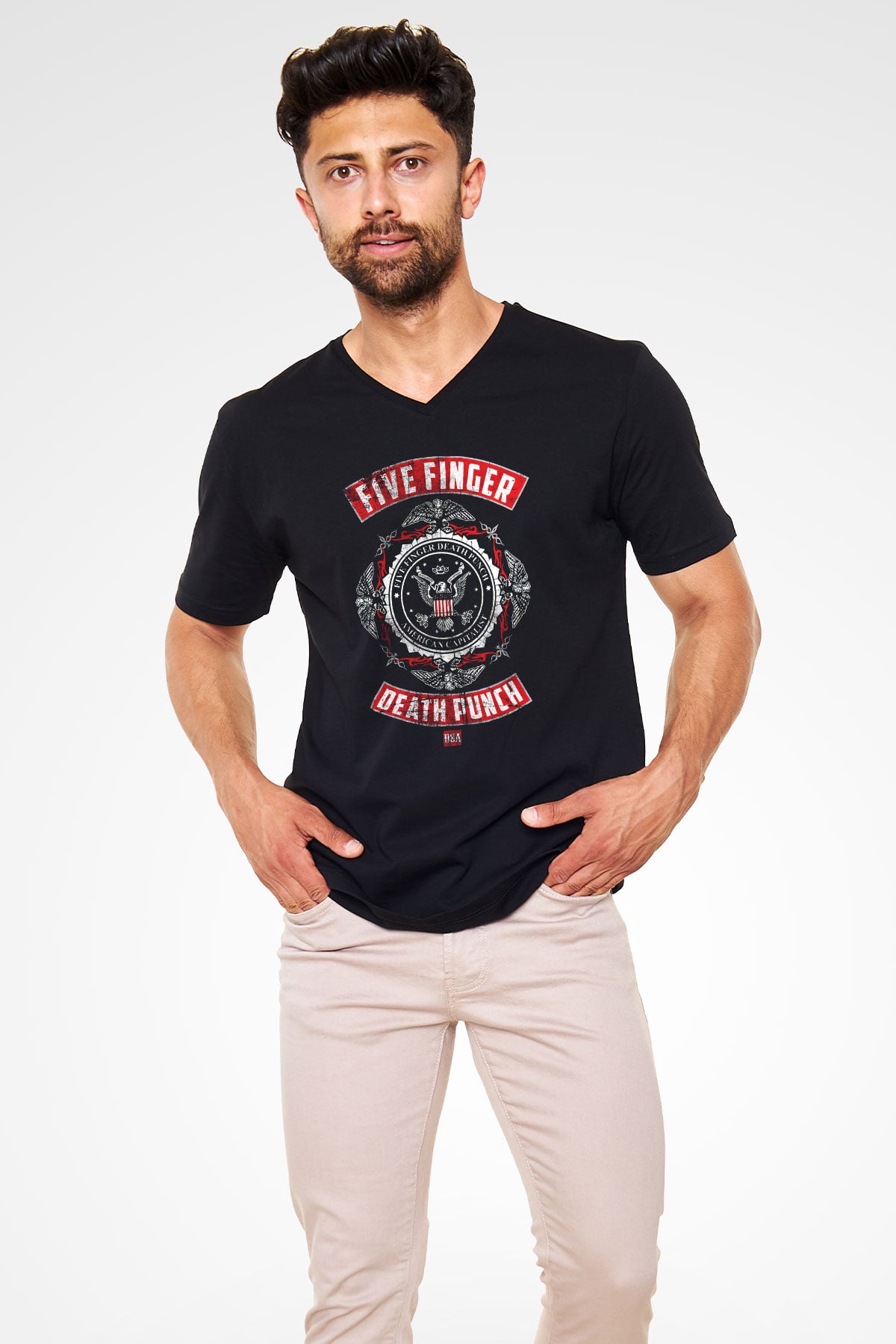 Five Finger Death Punch Siyah Unisex V Yaka Tişört T-Shirt