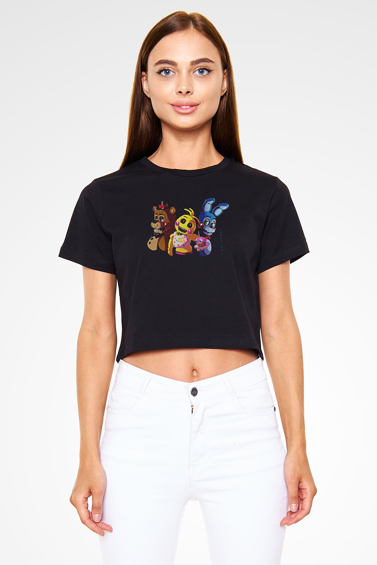 Five Nights At Freddy Baskılı Siyah Crop Top Kadın Tişört - Tshirt