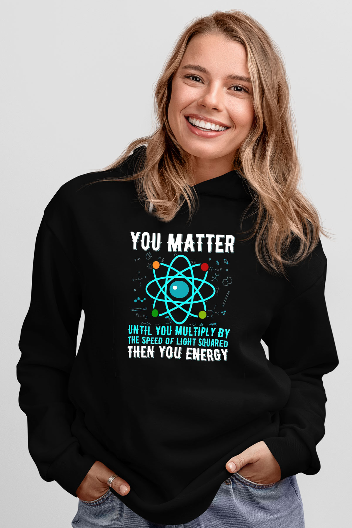 Fizik Atom Baskılı Unisex Siyah Hoodie