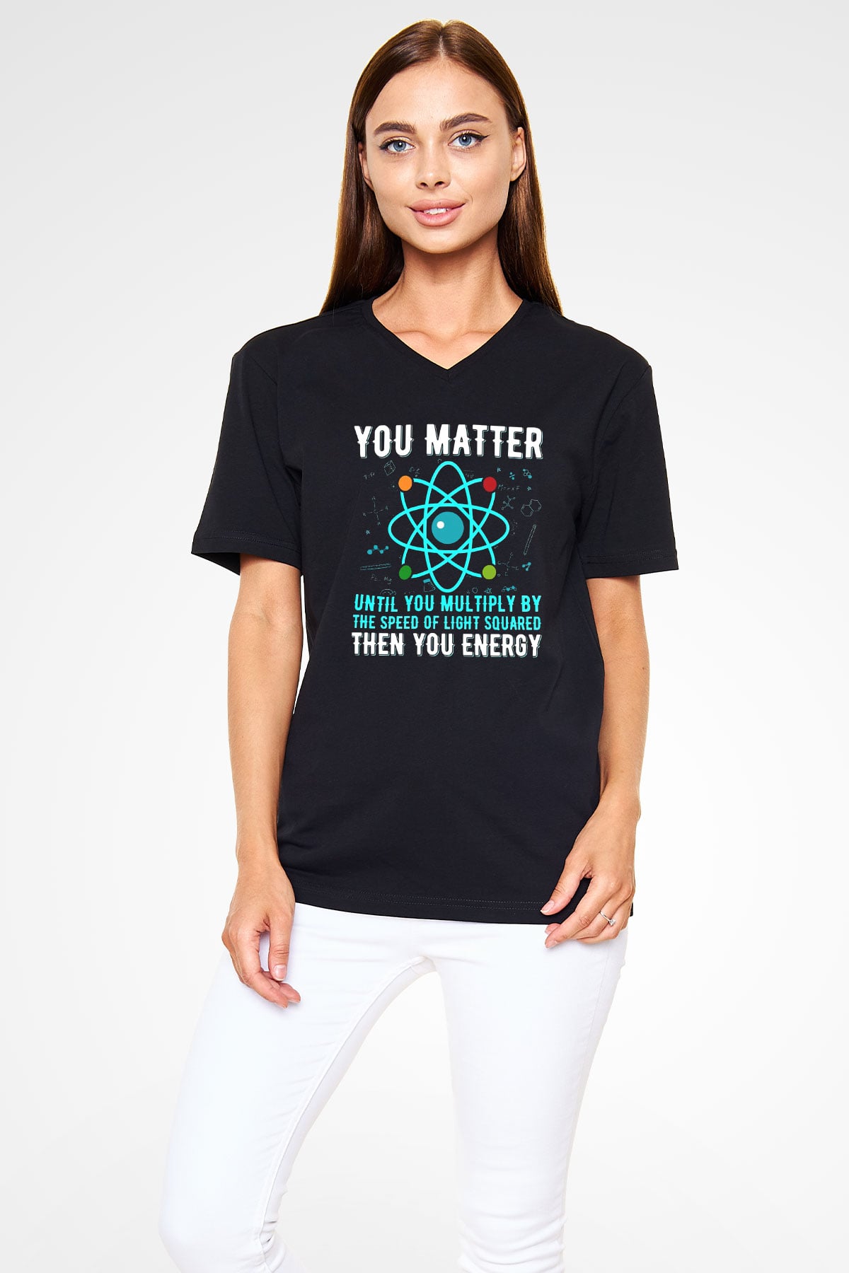 Fizik Atom Baskılı Unisex V Yaka Siyah Tİşört - Tshirt