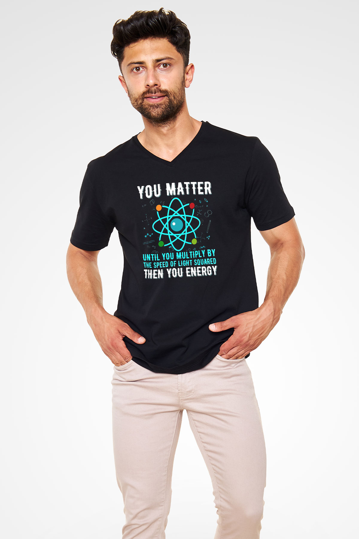 Fizik Atom Baskılı Unisex V Yaka Siyah Tİşört - Tshirt