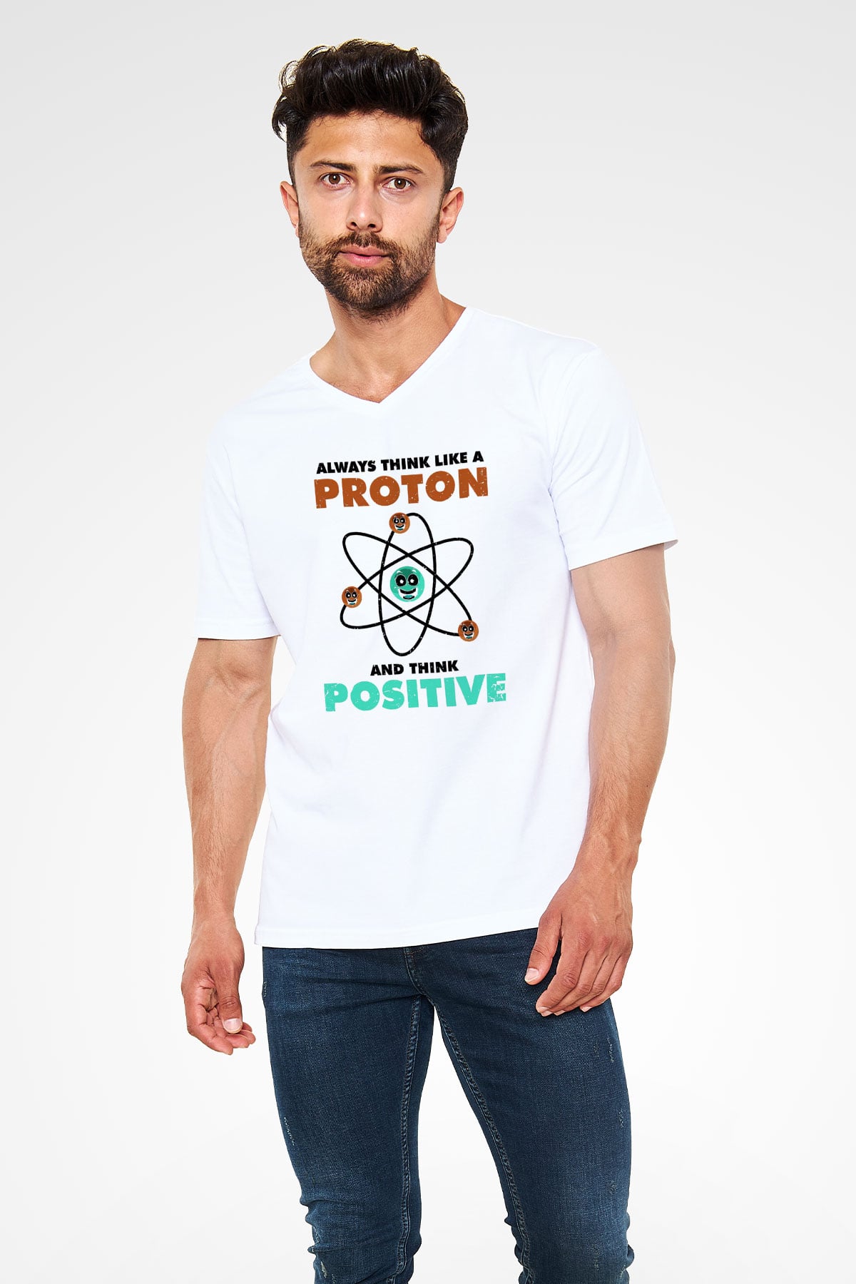 Fizik Atom Proton Pozitif Baskılı Unisex V Yaka Beyaz Tişört - Tshirt
