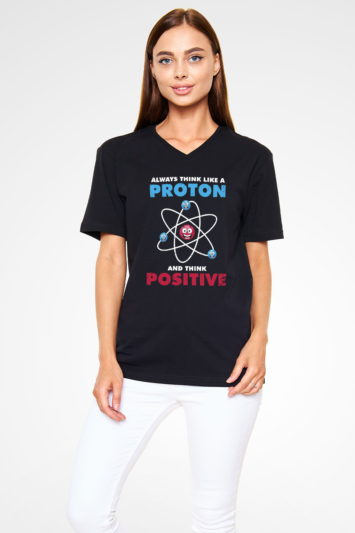 Fizik Atom Proton Pozitif Baskılı Unisex V Yaka Siyah Tİşört - Tshirt