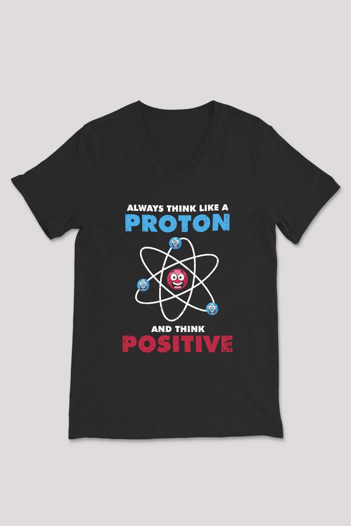 Fizik Atom Proton Pozitif Baskılı Unisex V Yaka Siyah Tİşört - Tshirt