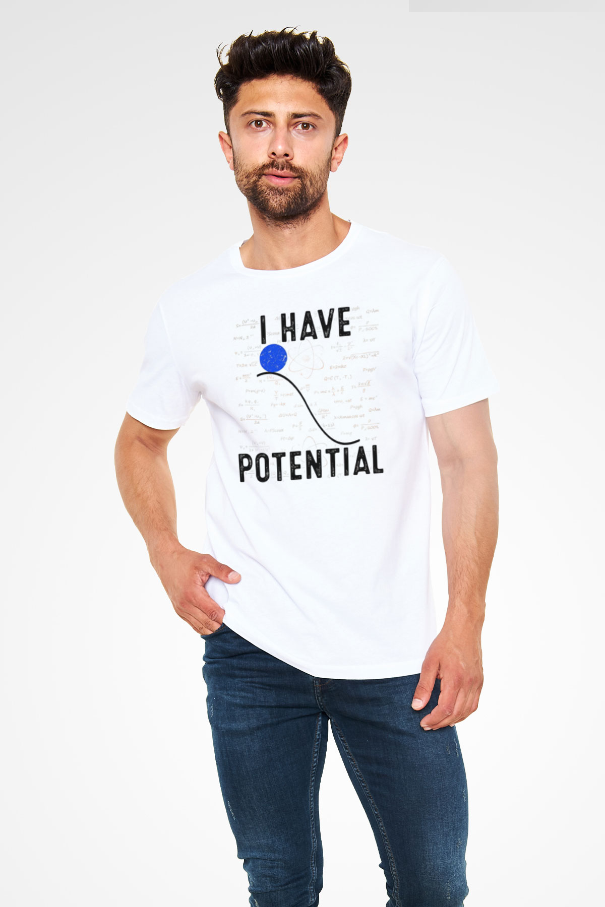 Fizik Potansiyel Enerji Baskılı Unisex Beyaz Tişört - Tshirt
