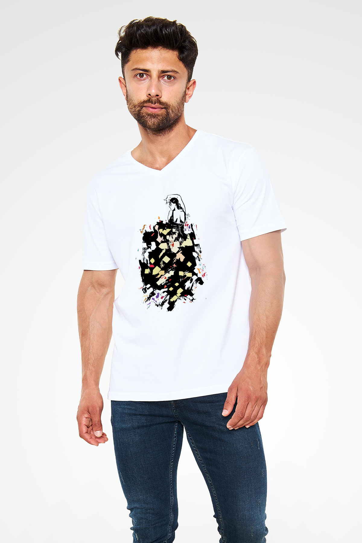 Flamenko Beyaz Unisex V Yaka Tişört