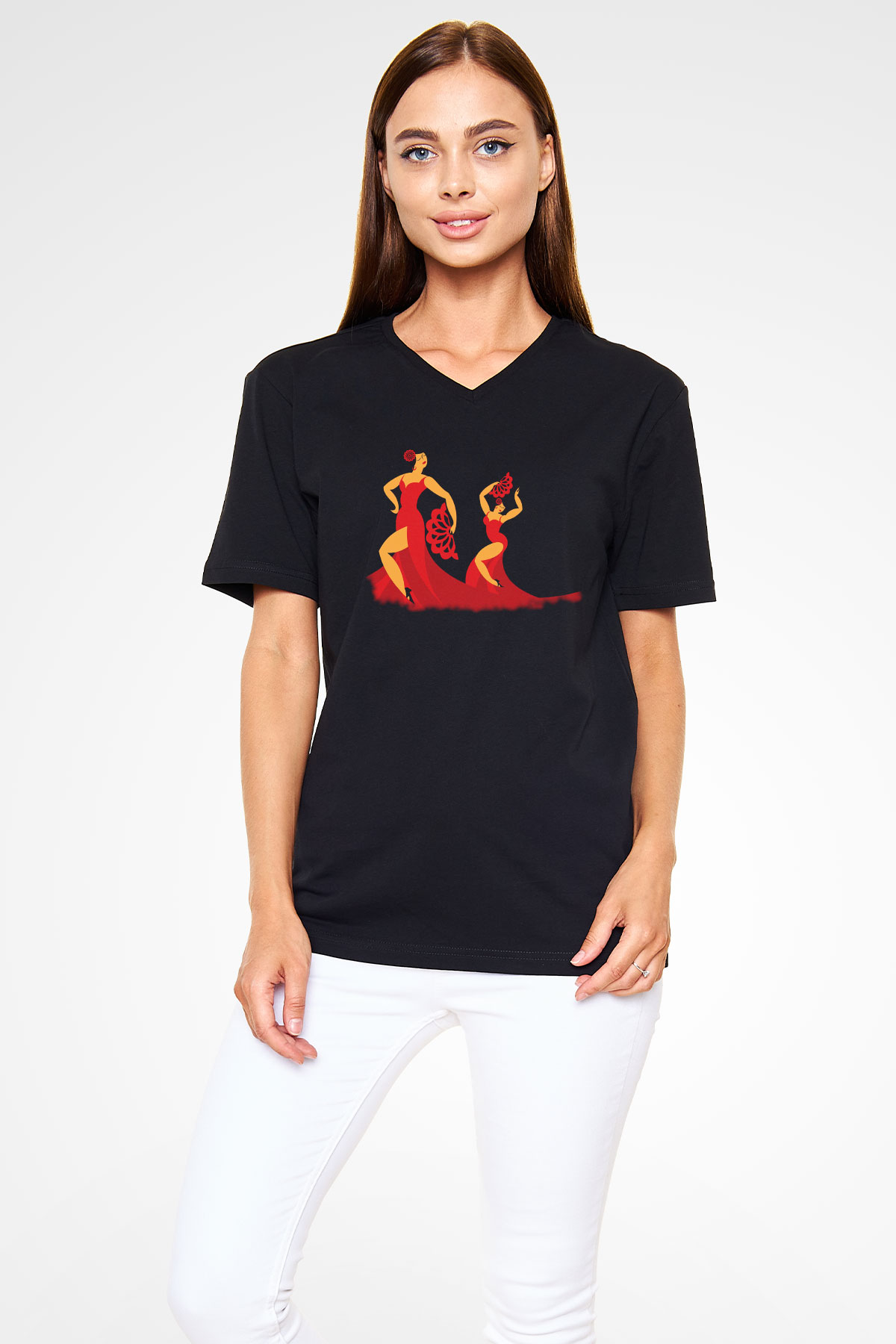 Flamenko Siyah Unisex V Yaka Tişört