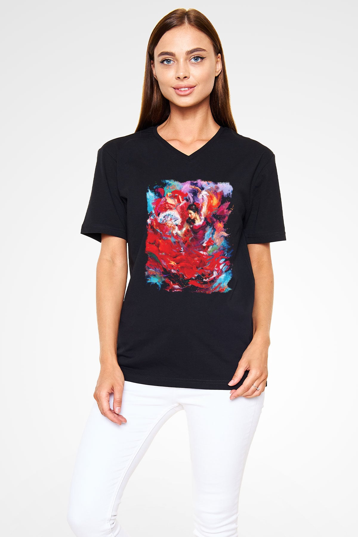 Flamenko Siyah Unisex V Yaka Tişört T-Shirt
