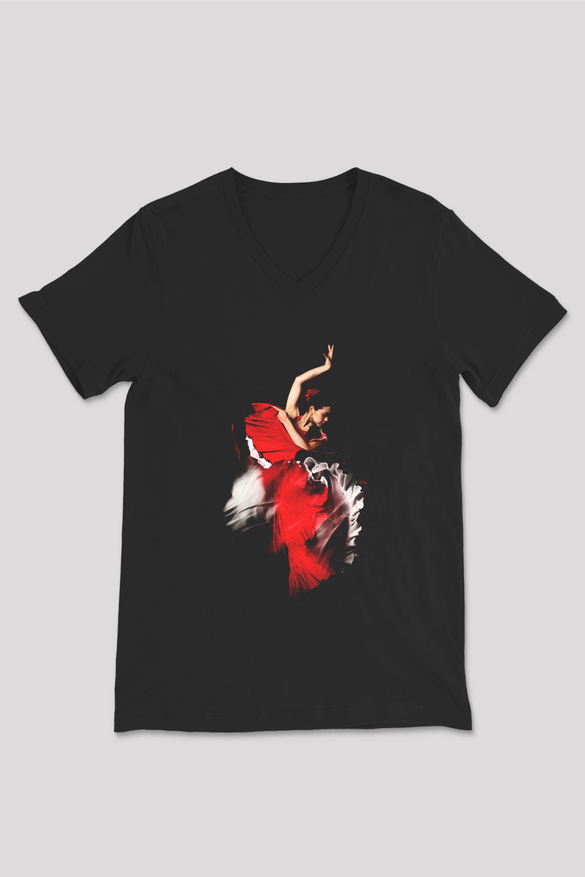 Flamenko Siyah Unisex V Yaka Tişört T-Shirt