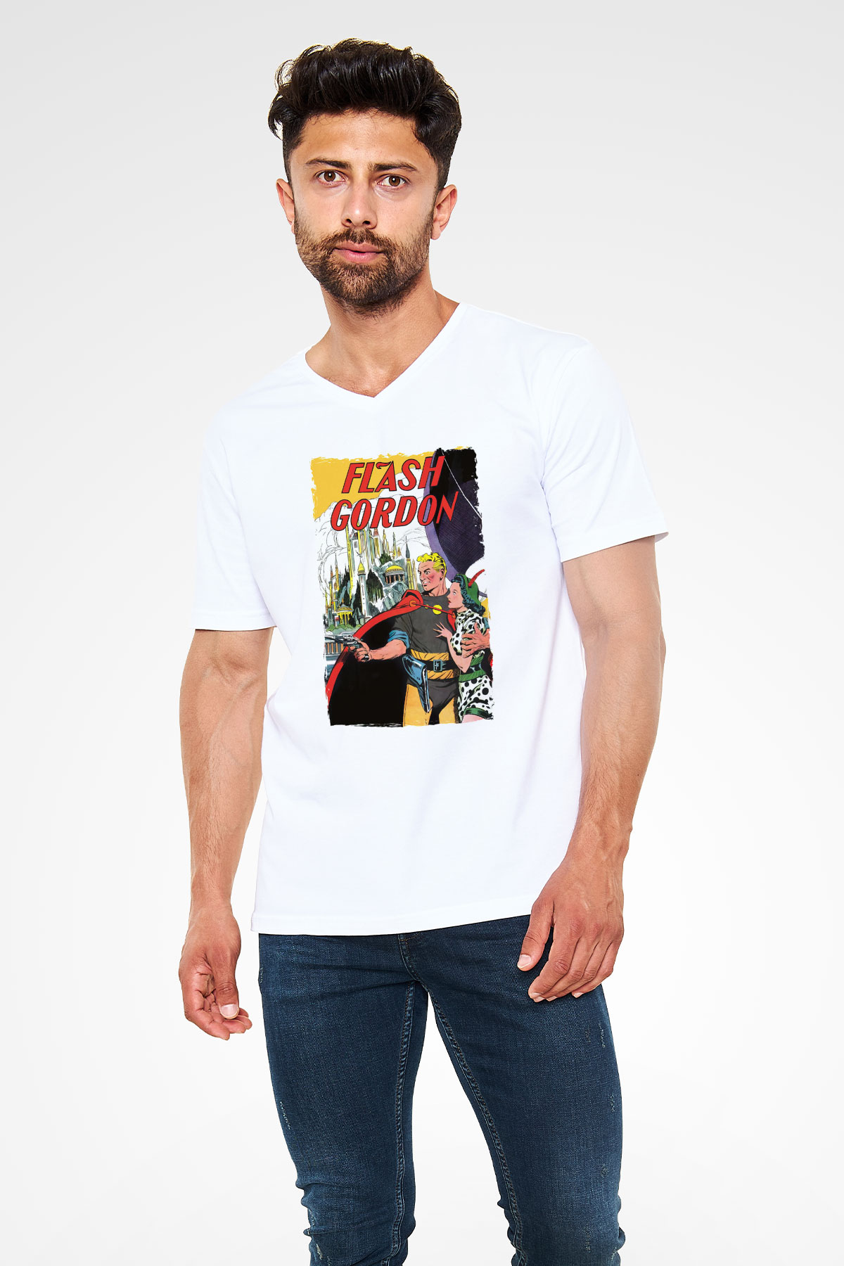 Flash Gordon Beyaz Unisex  V Yaka Tişört