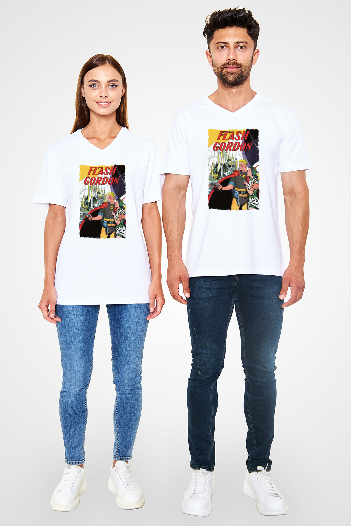 Flash Gordon Beyaz Unisex  V Yaka Tişört