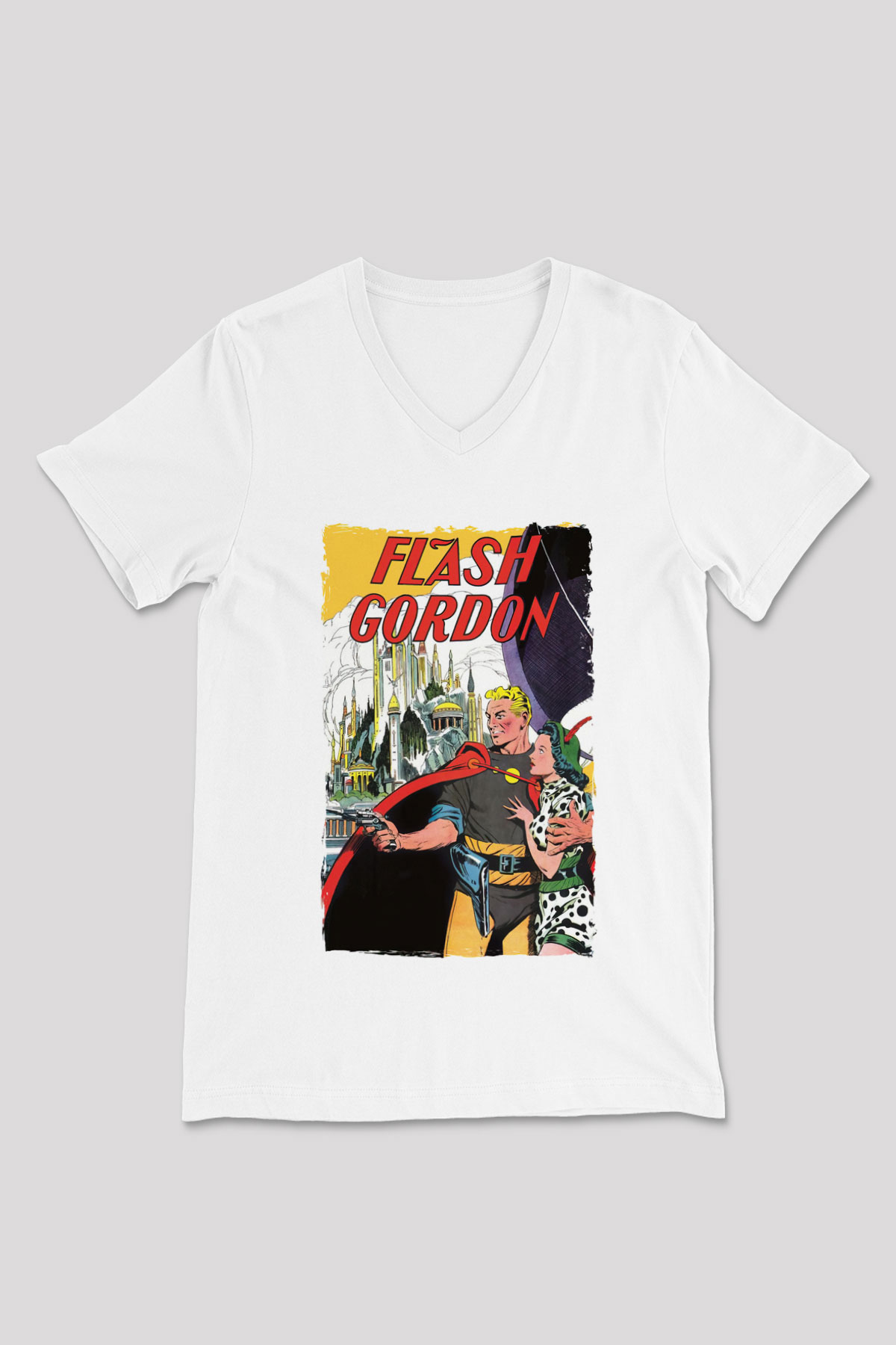 Flash Gordon Beyaz Unisex  V Yaka Tişört