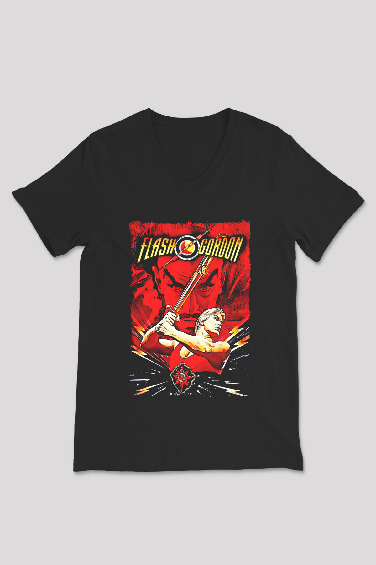 Flash Gordon Siyah Unisex  V Yaka Tişört