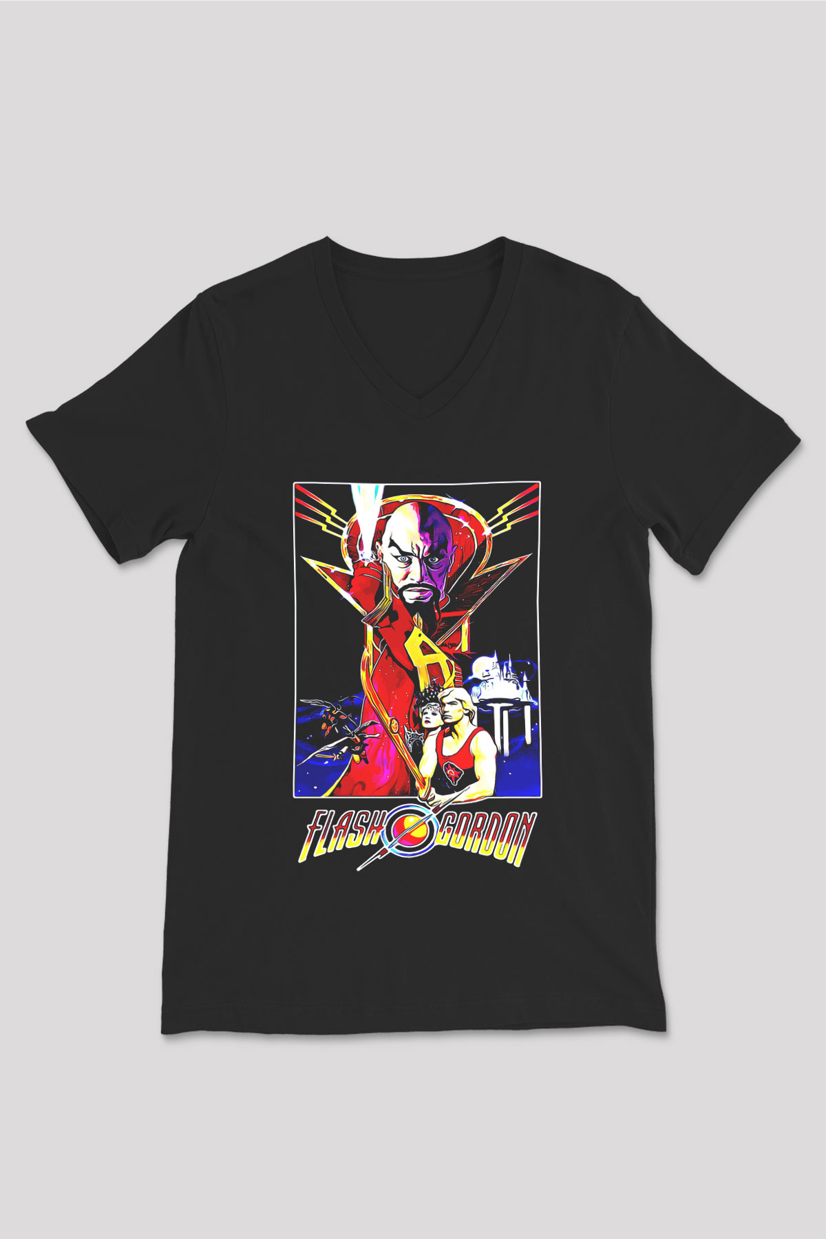 Flash Gordon Siyah Unisex  V Yaka Tişört