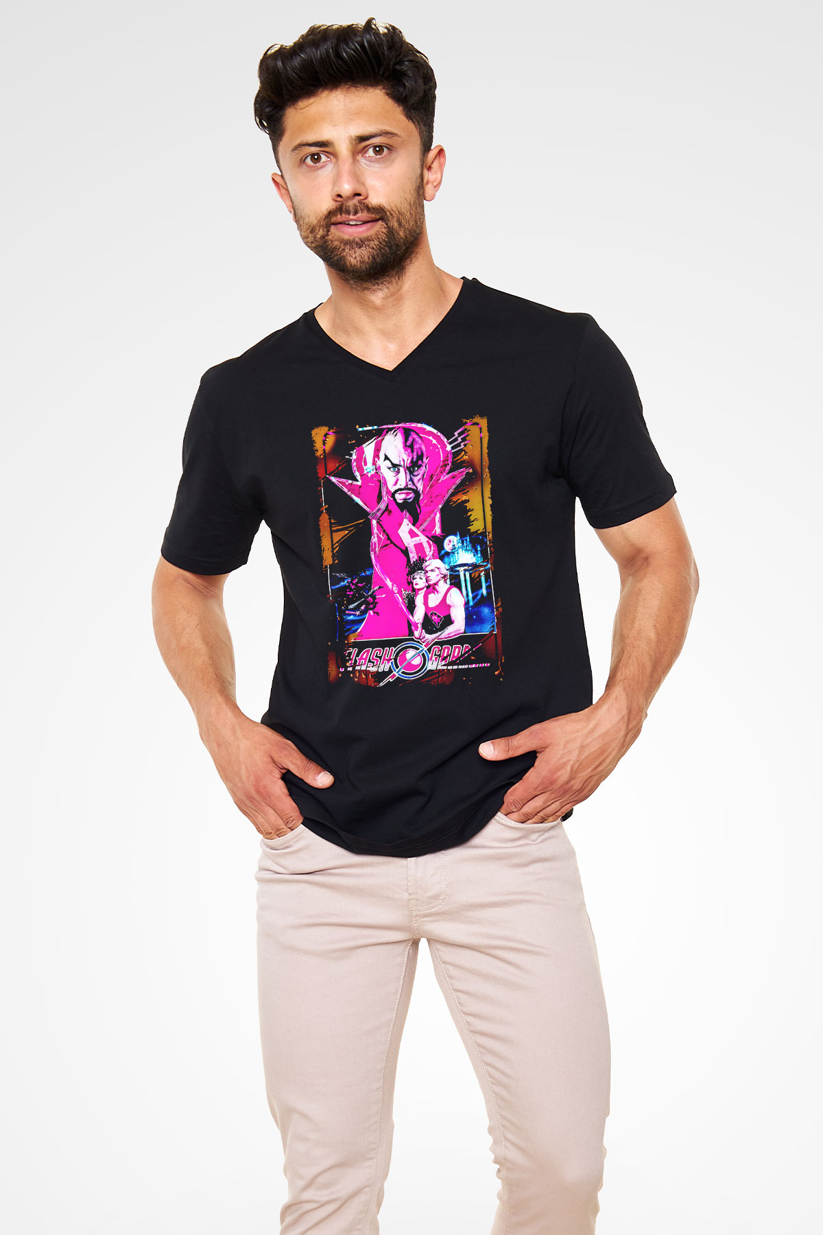 Flash Gordon Siyah Unisex  V Yaka Tişört