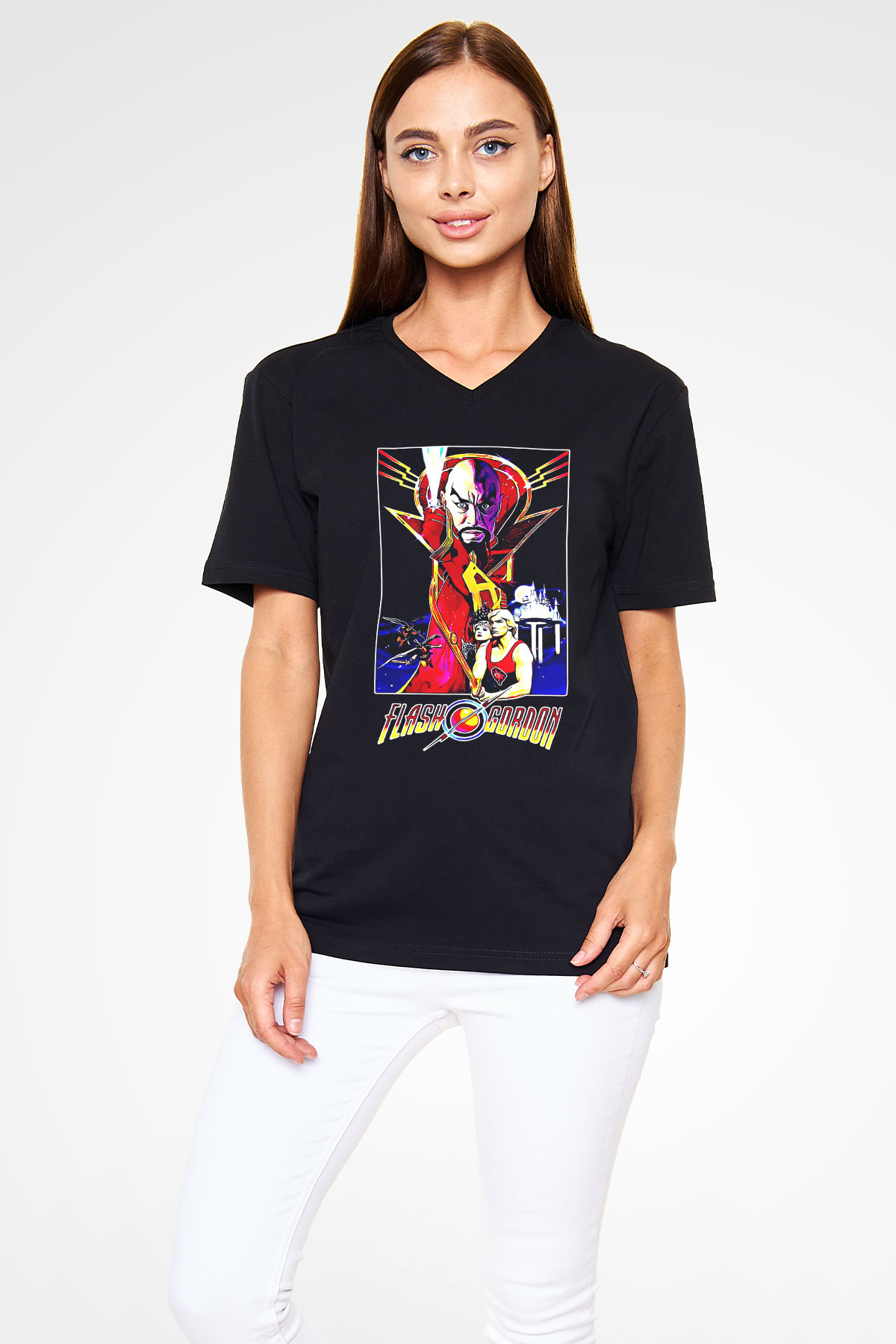 Flash Gordon Siyah Unisex  V Yaka Tişört