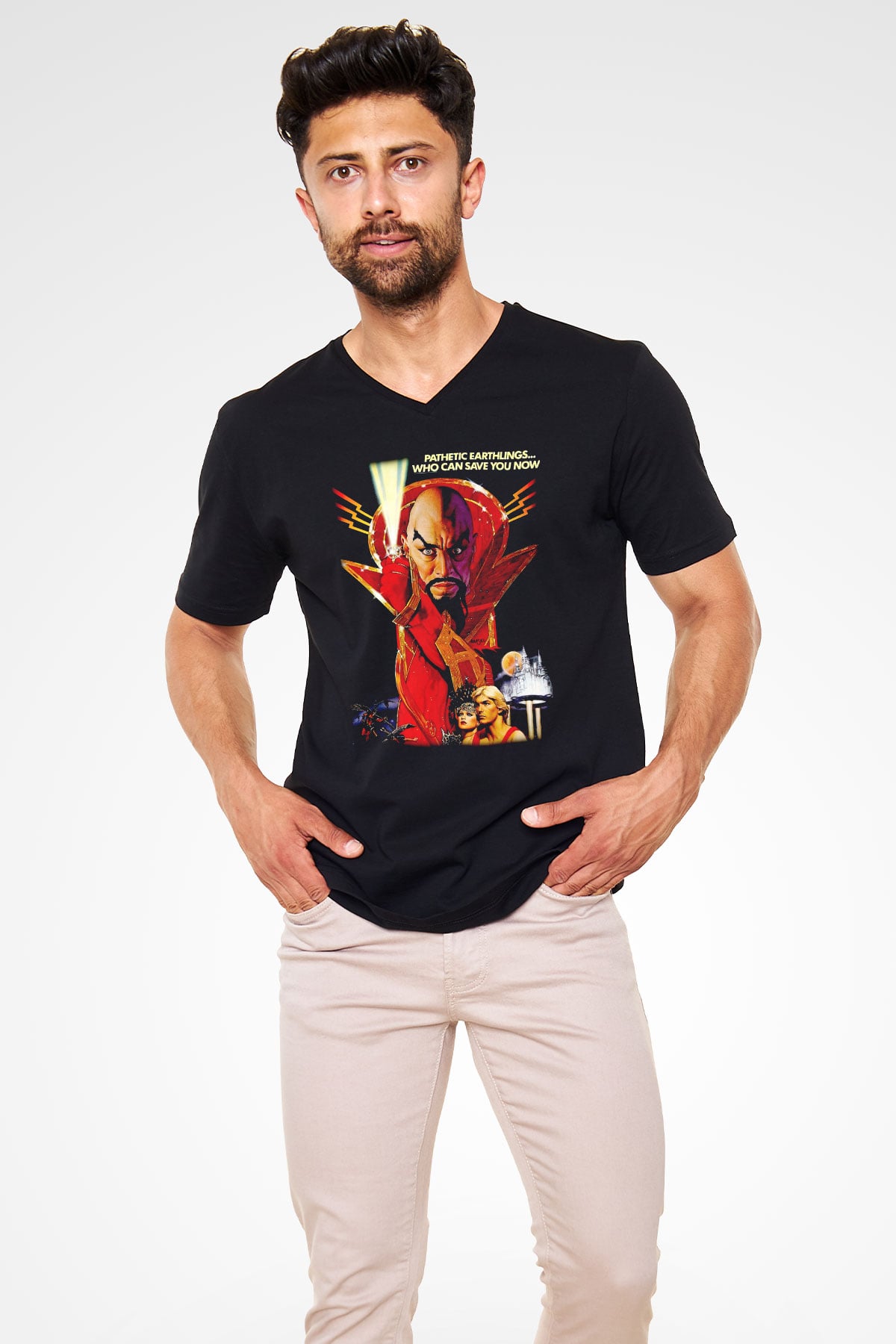 Flash Gordon Siyah Unisex  V Yaka Tişört