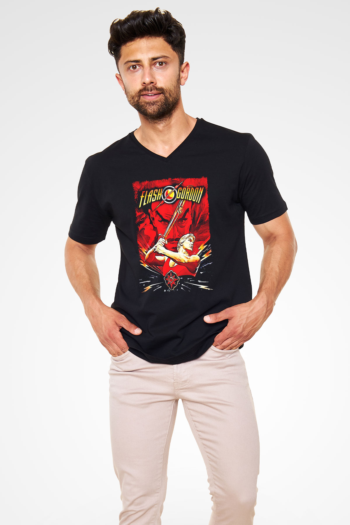 Flash Gordon Siyah Unisex  V Yaka Tişört