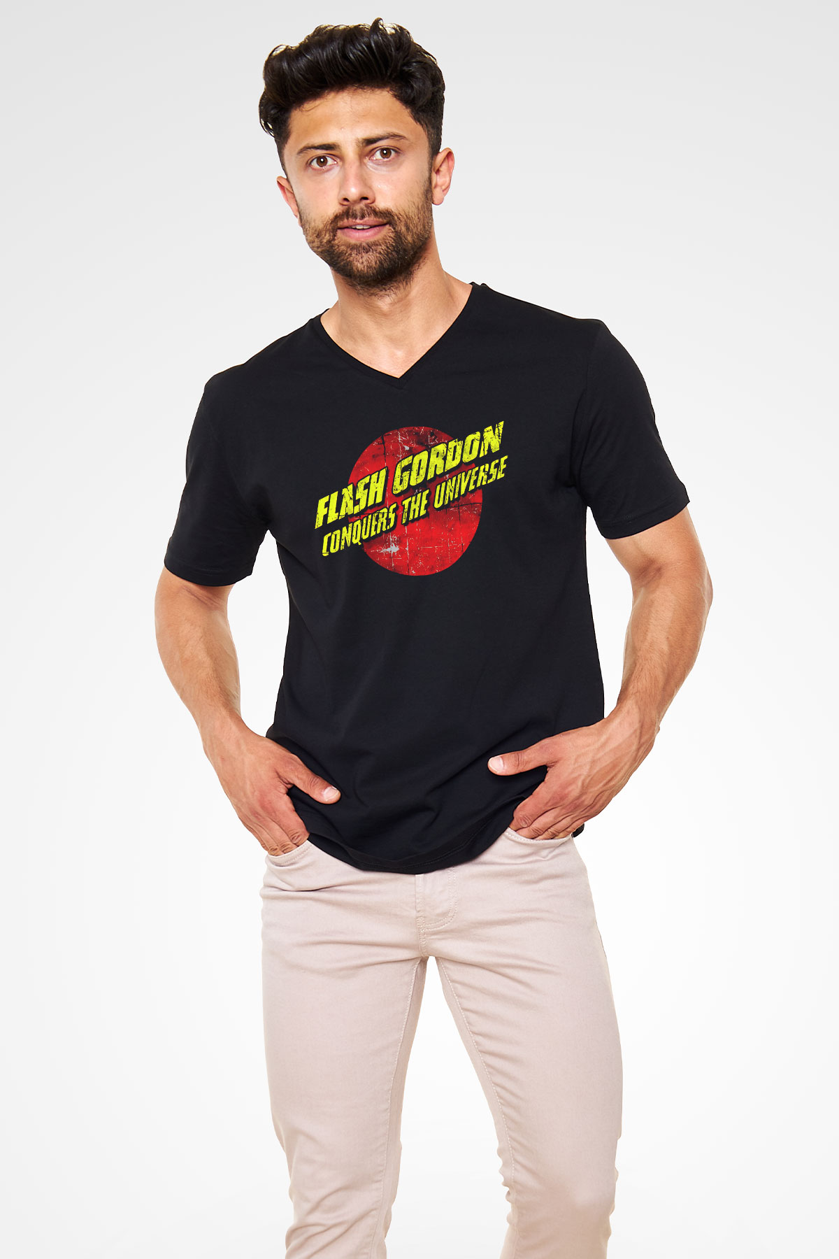 Flash Gordon Siyah Unisex  V Yaka Tişört
