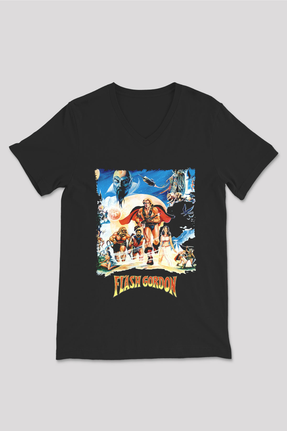 Flash Gordon Siyah Unisex  V Yaka Tişört