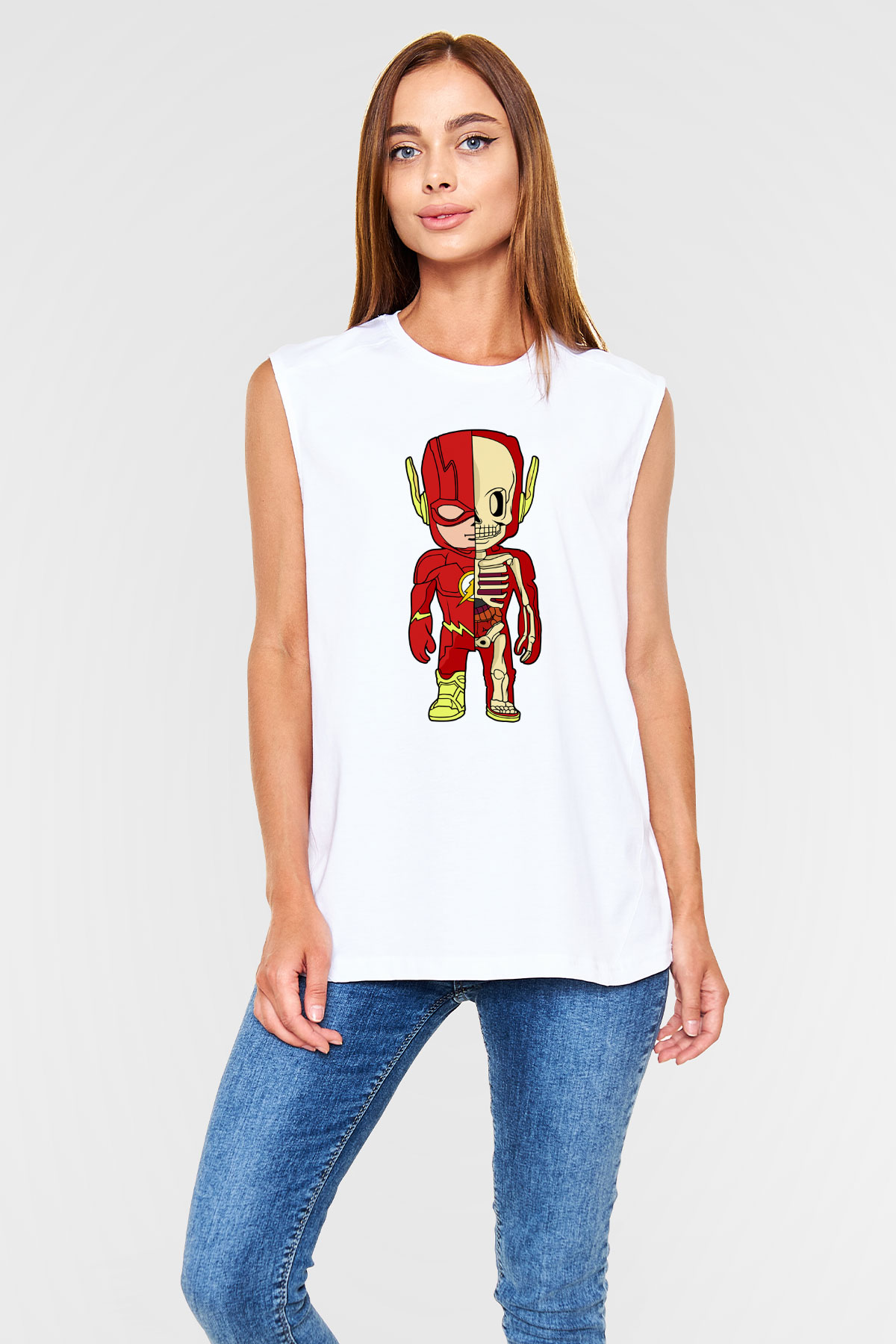 Flash Skeleton Baskılı Unisex Beyaz Kolsuz Tişört