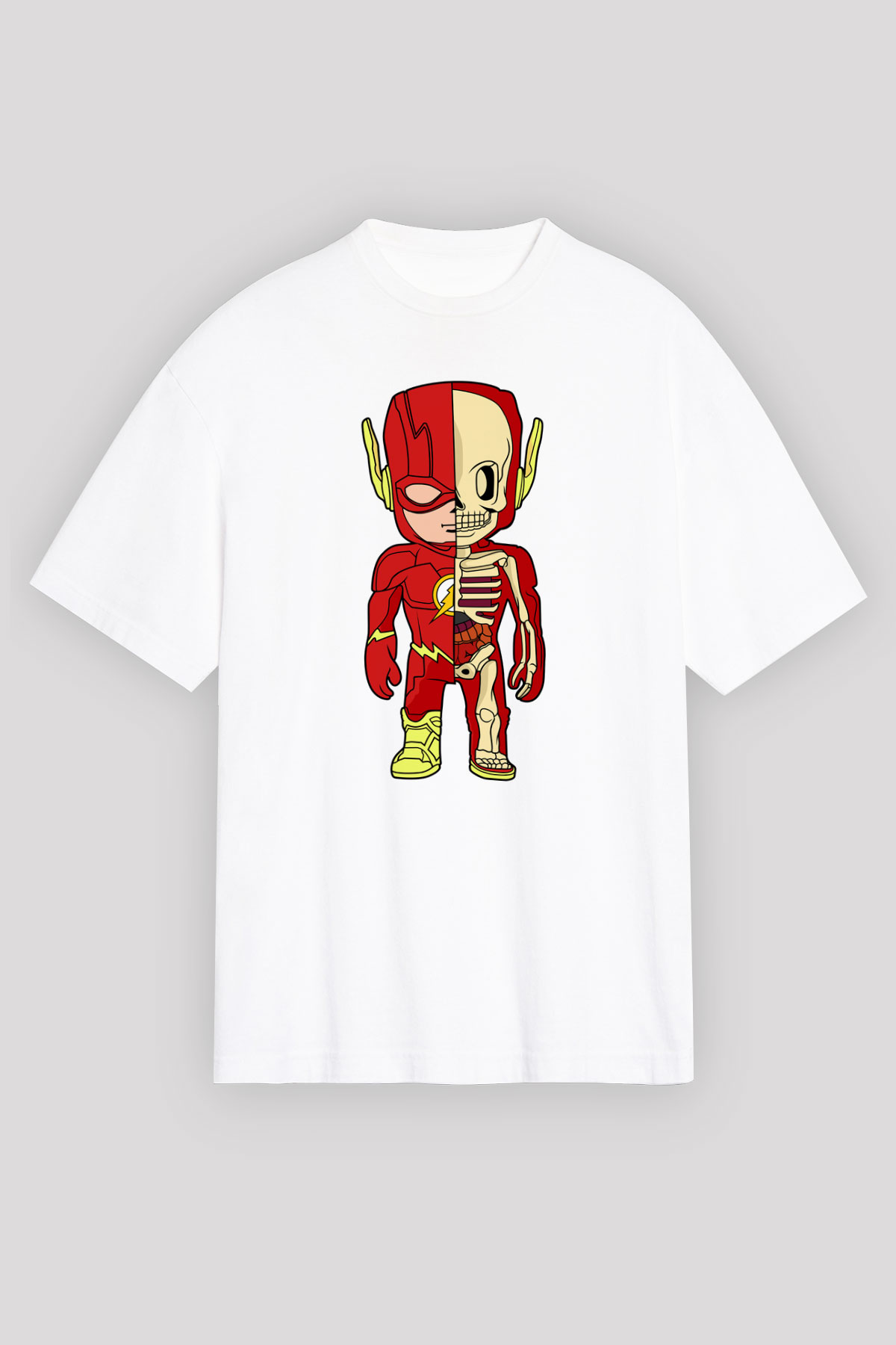 Flash Skeleton Baskılı Unisex Beyaz Oversize Tişört
