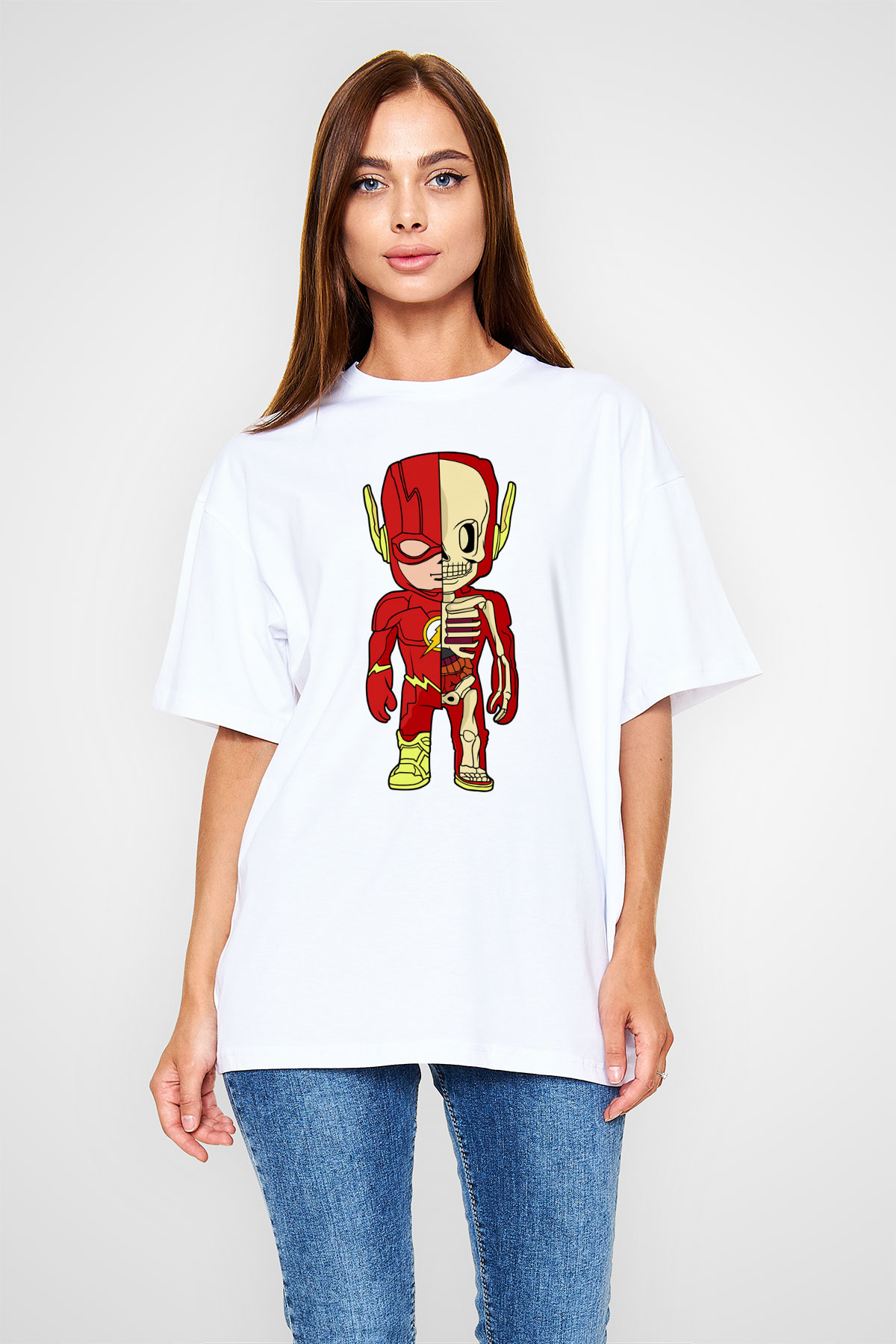 Flash Skeleton Baskılı Unisex Beyaz Oversize Tişört