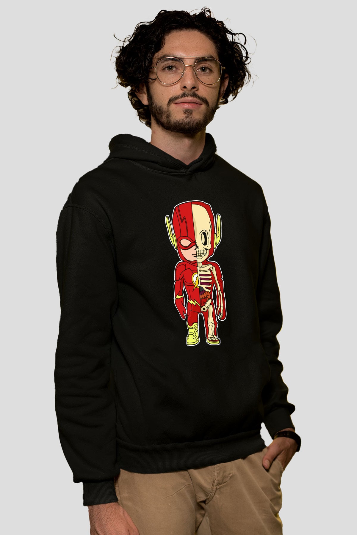 Flash Skeleton Baskılı Unisex Siyah Hoodie