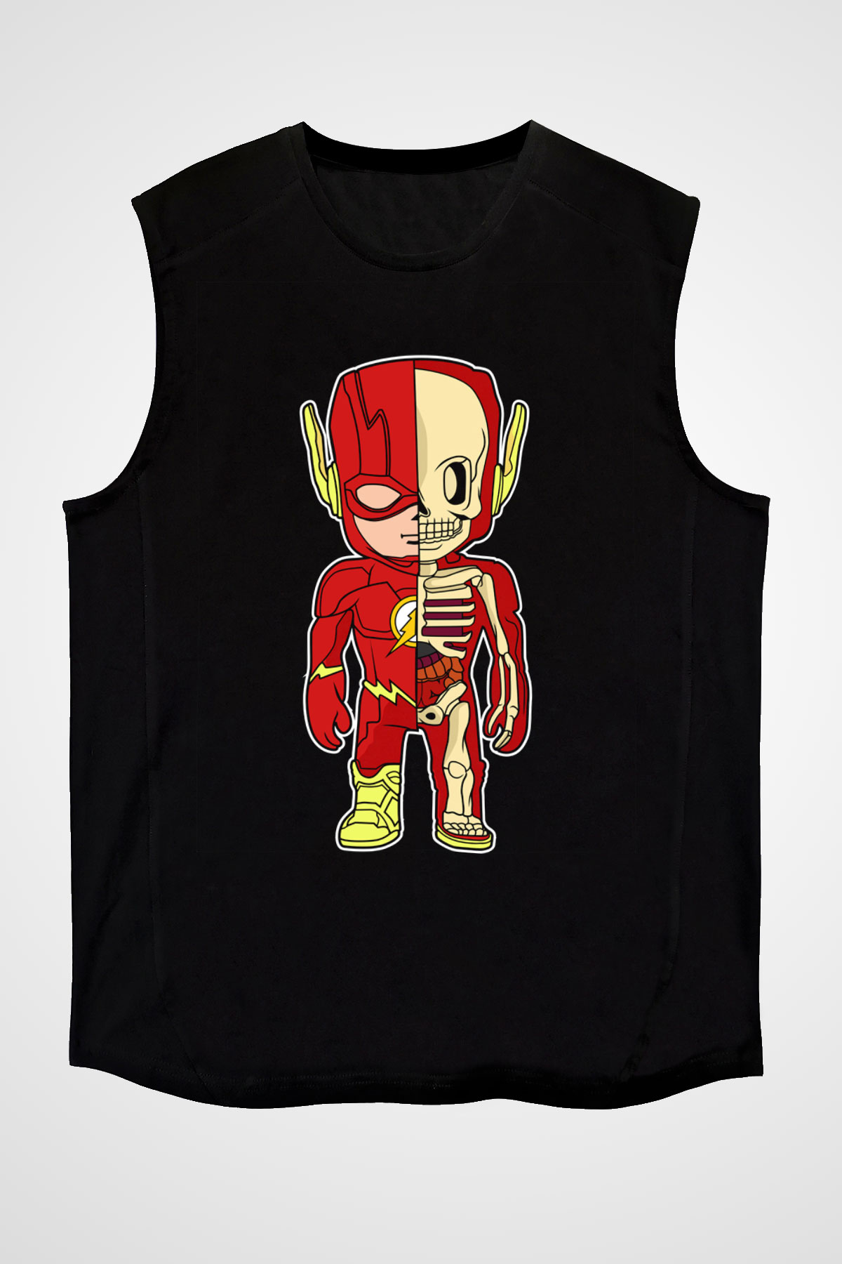 Flash Skeleton Baskılı Unisex Siyah Kolsuz Tişört