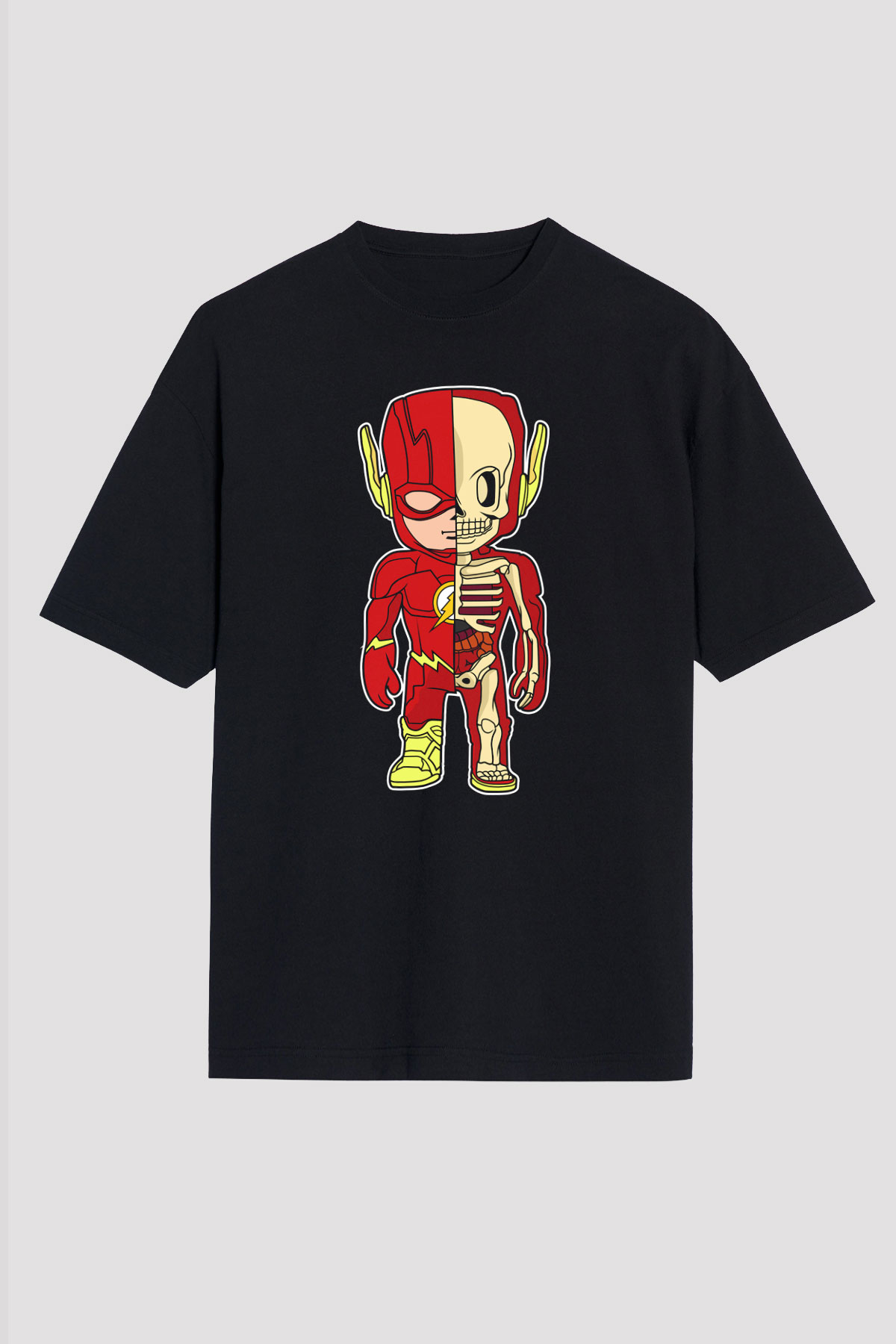 Flash Skeleton Baskılı Unisex Siyah Oversize Tişört
