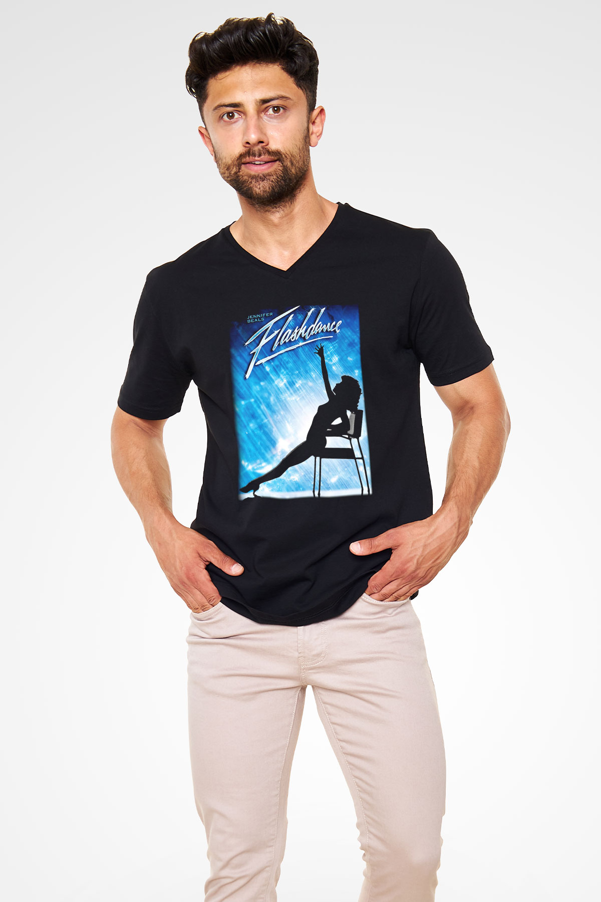 Flashdance Siyah Unisex V Yaka Tişört