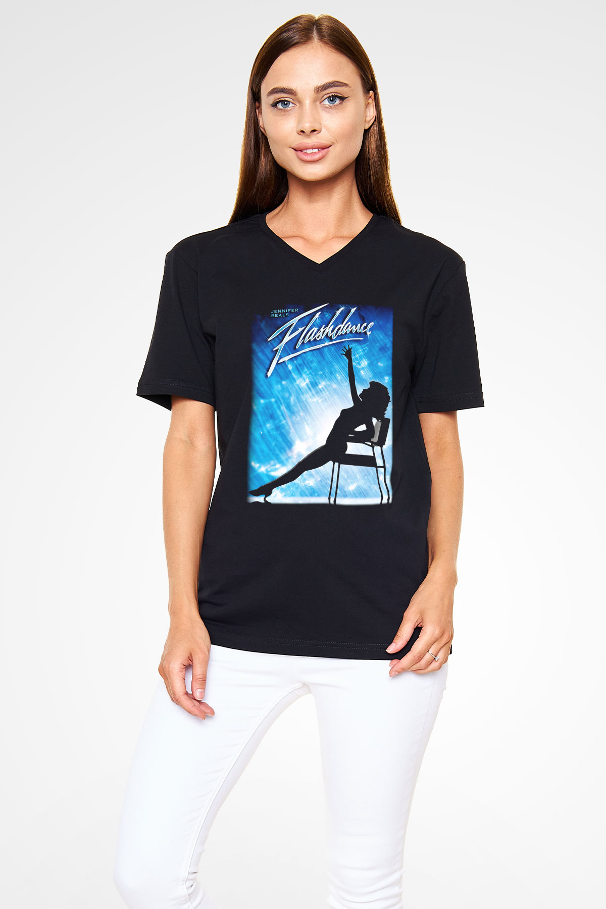 Flashdance Siyah Unisex V Yaka Tişört