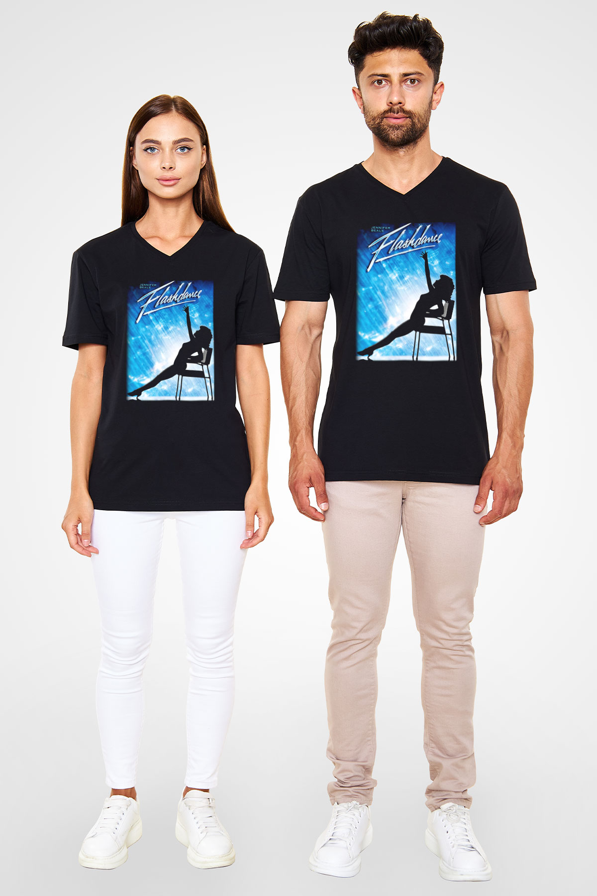 Flashdance Siyah Unisex V Yaka Tişört