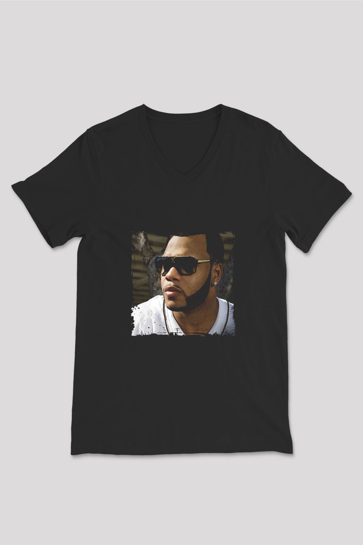 Flo Rida Baskılı Unisex Siyah V Yaka Tişört