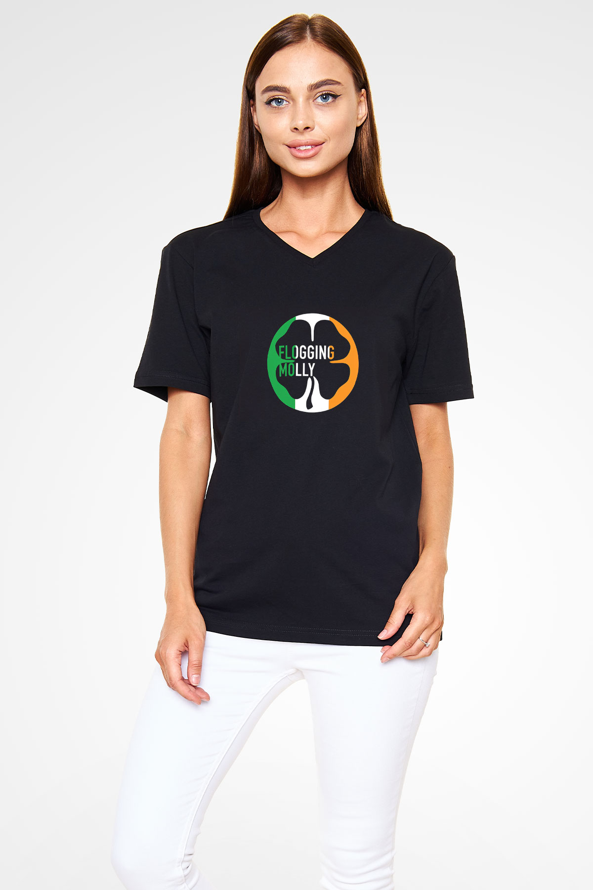 Flogging Molly Siyah Unisex V Yaka Tişört T-Shirt
