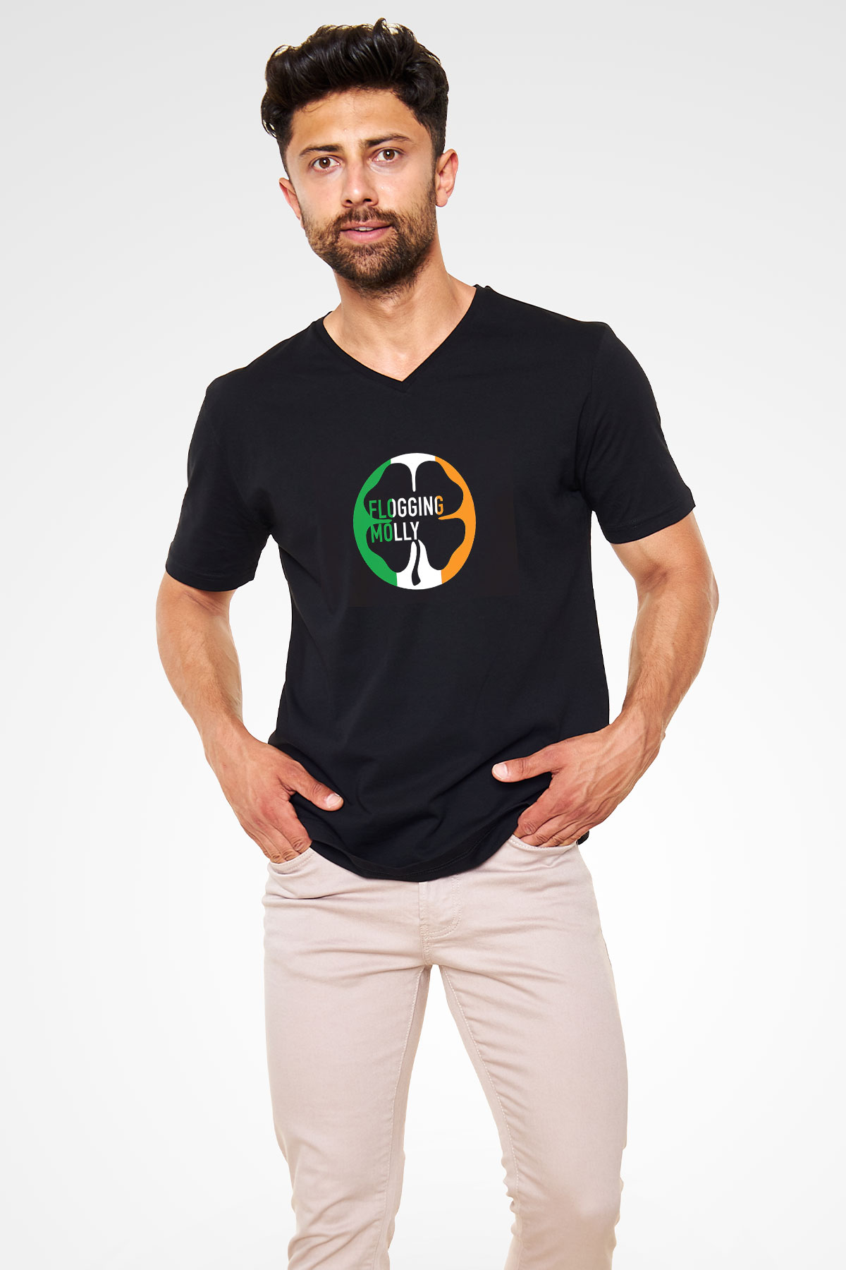 Flogging Molly Siyah Unisex V Yaka Tişört T-Shirt