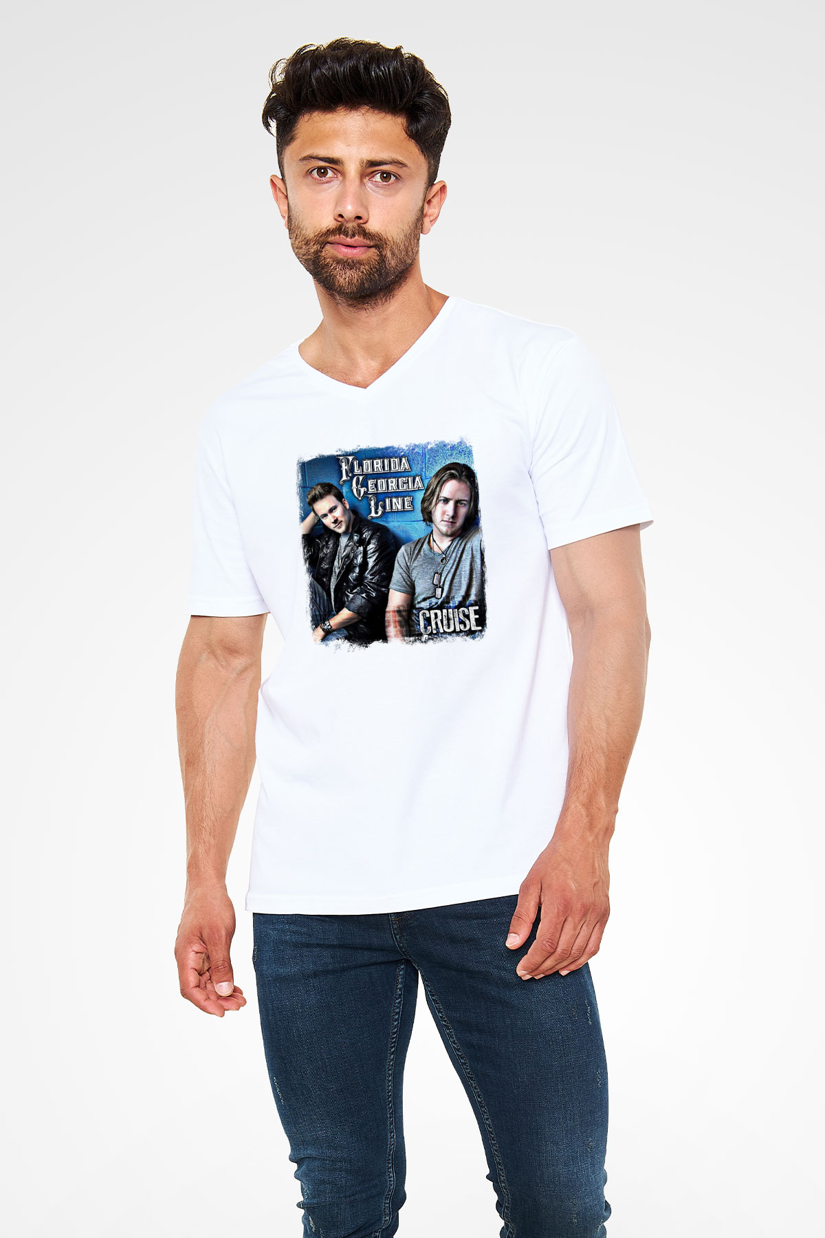 Florida Georgia Line Baskılı Unisex Beyaz V Yaka Tişört