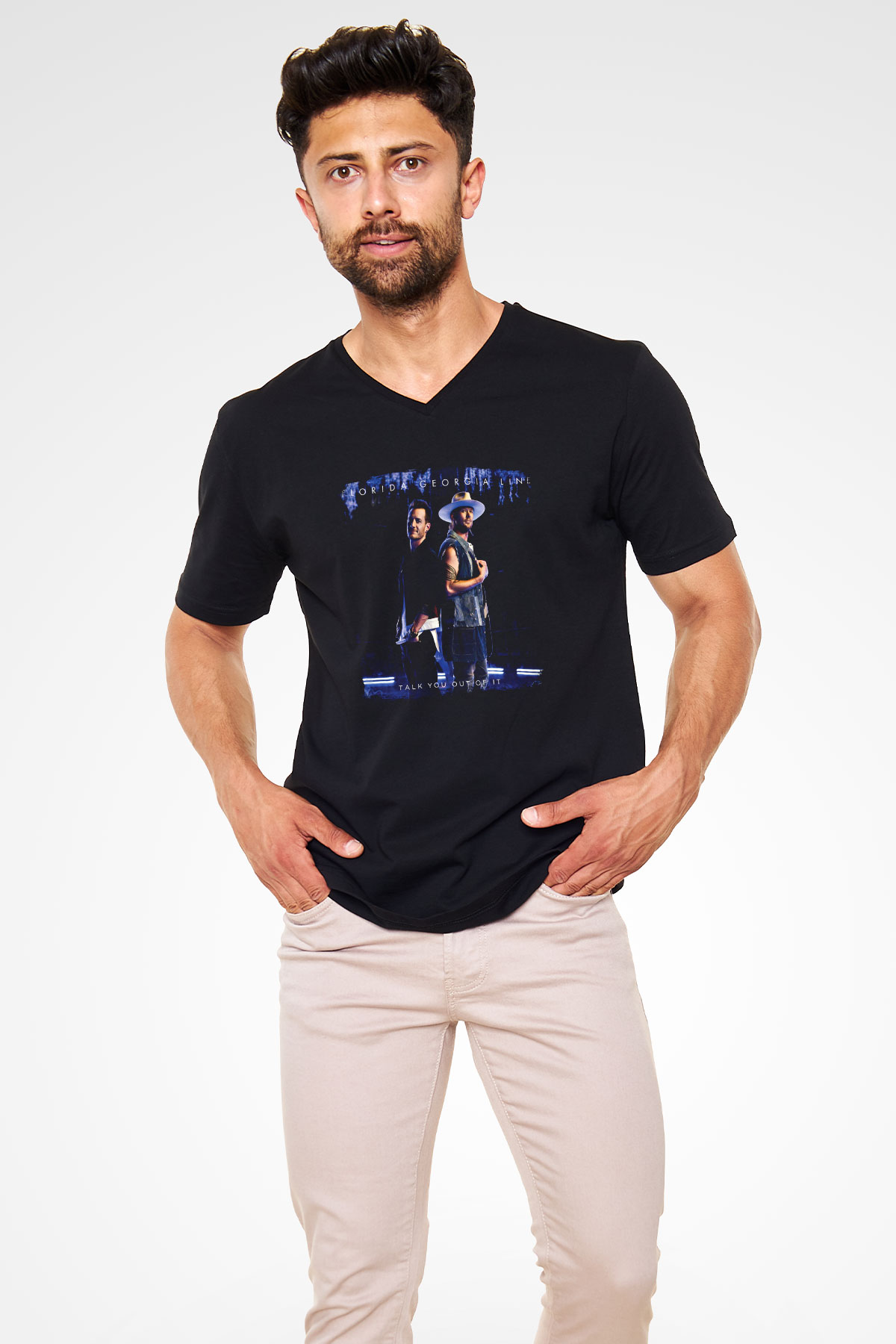 Florida Georgia Line Baskılı Unisex Siyah V Yaka Tişört