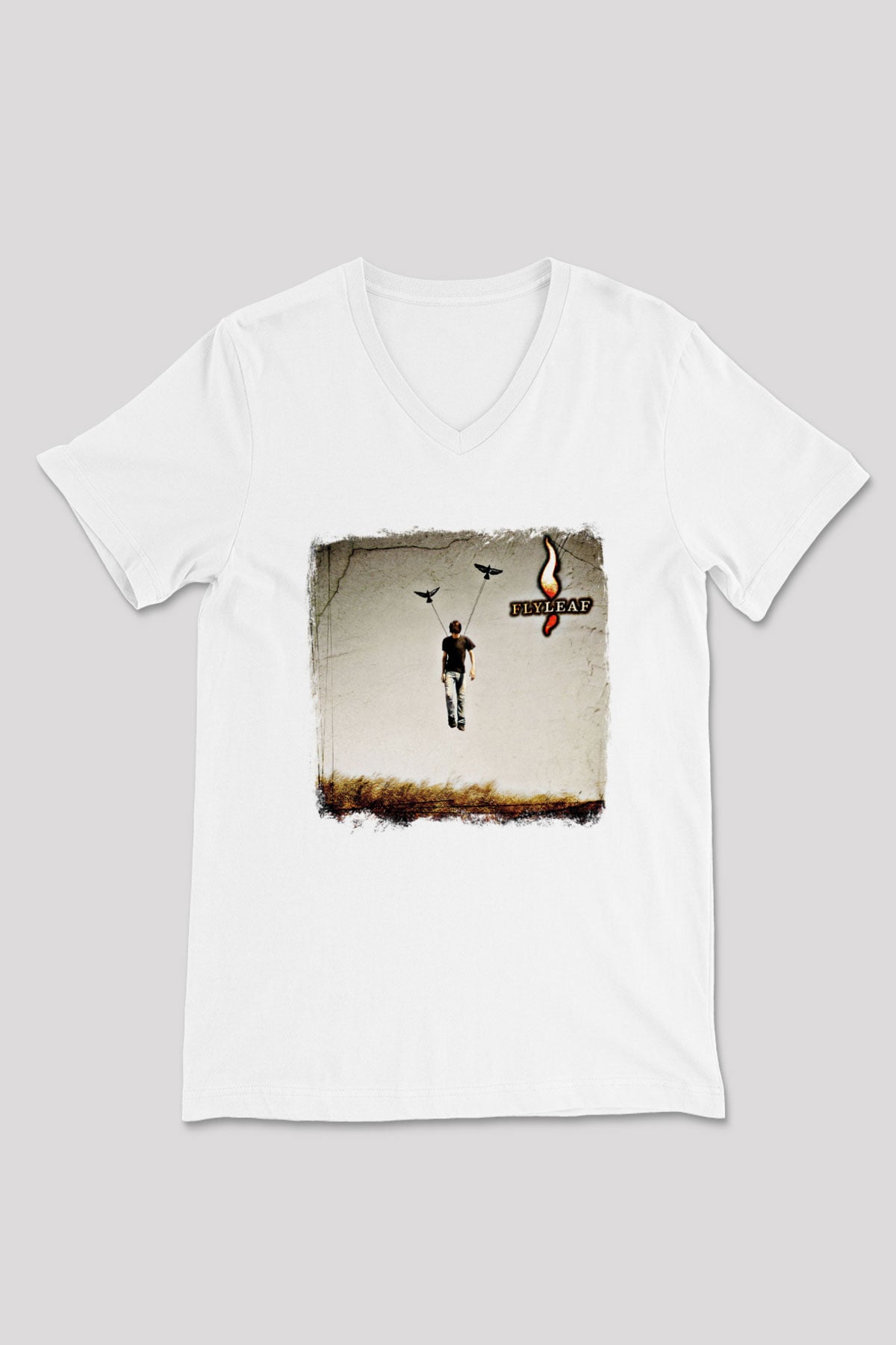 Flyleaf Baskılı Unisex Beyaz V Yaka Tişört