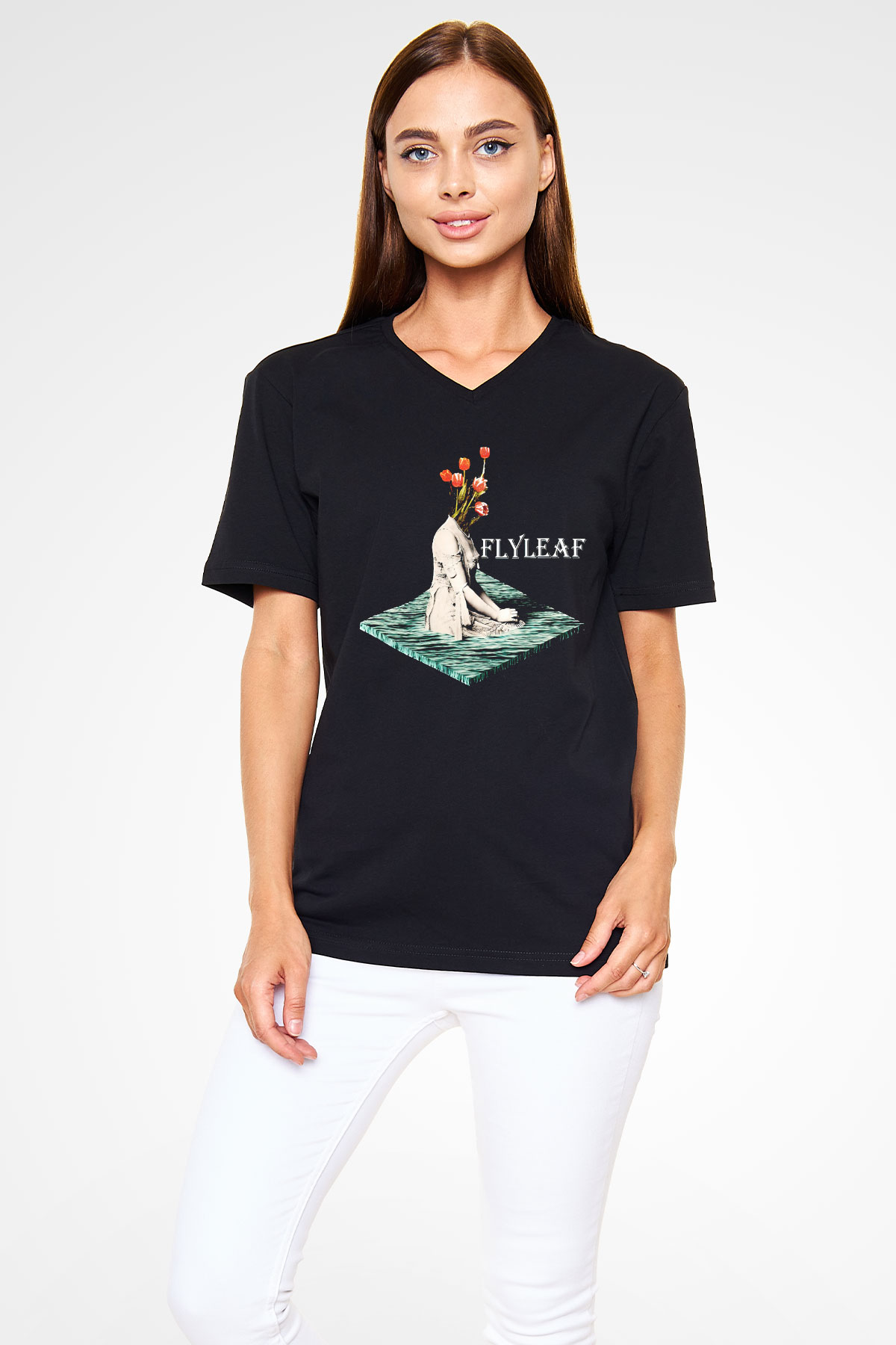 Flyleaf Siyah Unisex V Yaka Tişört