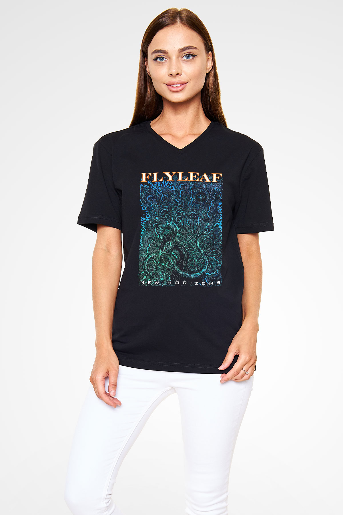 Flyleaf Siyah Unisex V Yaka Tişört T-Shirt