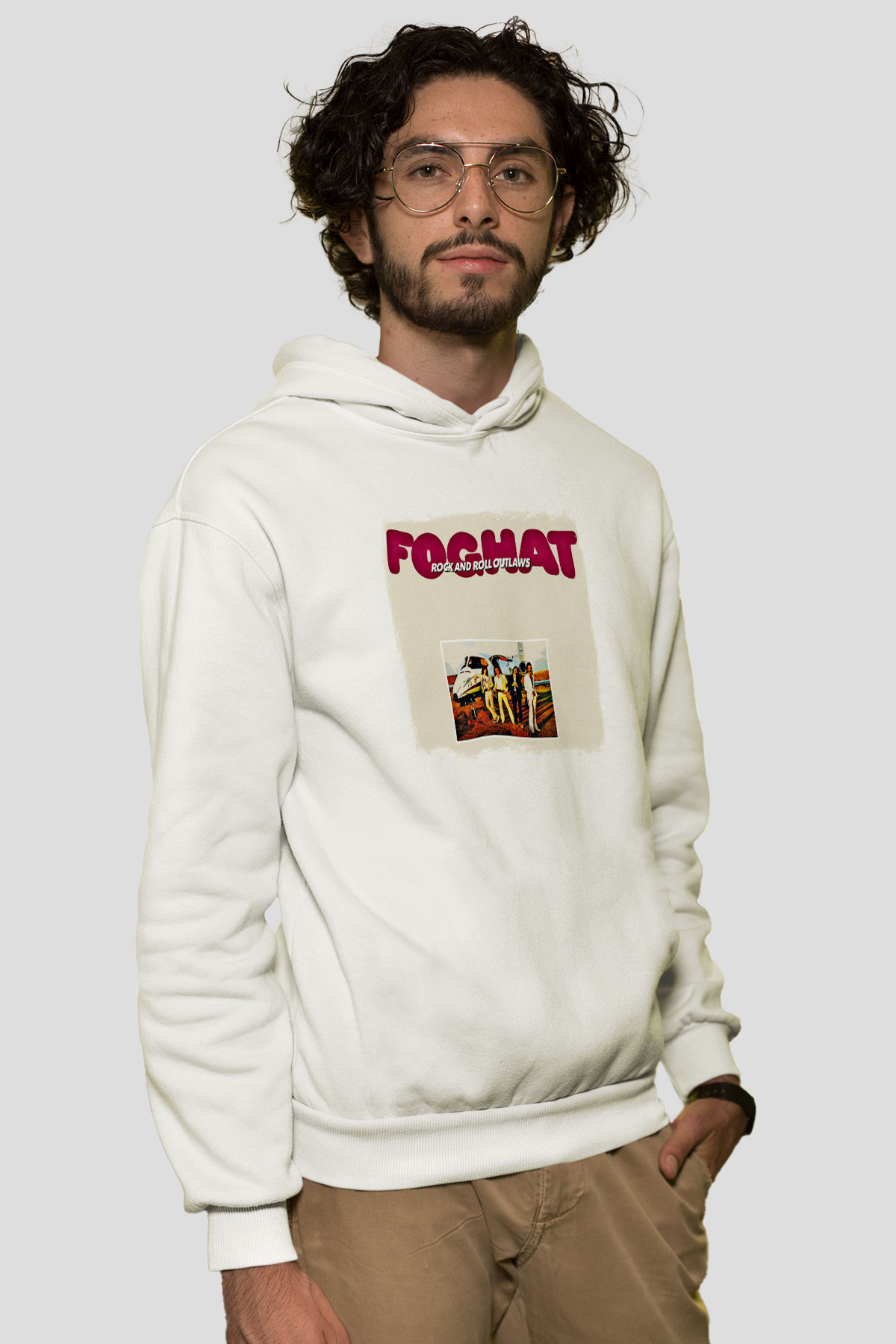 Foghat Baskılı Unisex Beyaz Hoodie