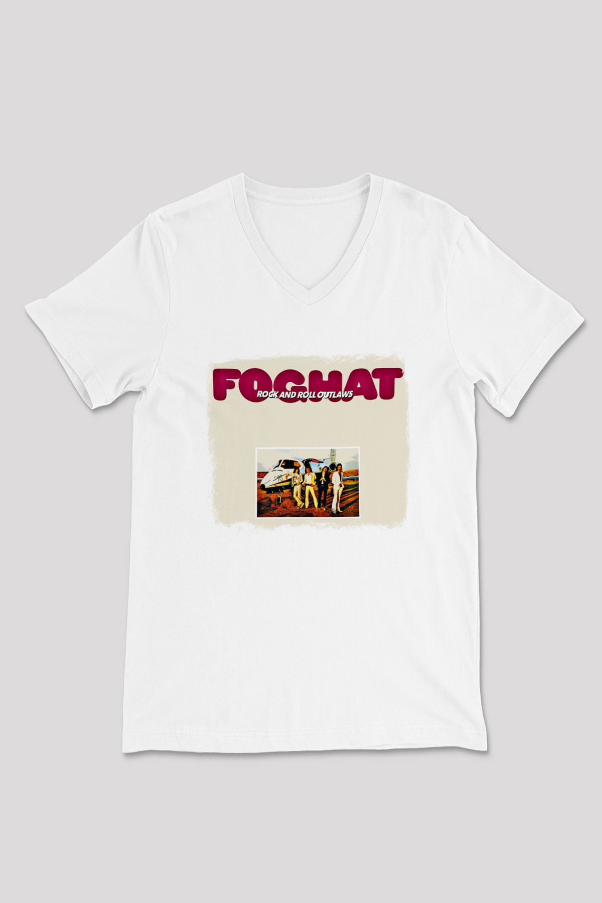 Foghat Baskılı Unisex Beyaz V Yaka Tişört